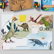 Schreibtischunterlage Dinos für Kinder – Malunterlage mit T-Rex und Brontosaurus, handgemalt, 25 Blatt