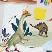 Schreibtischunterlage Dinos – Notizblock mit Spickzettel und Aufgabenliste, handgemalt für Kinder