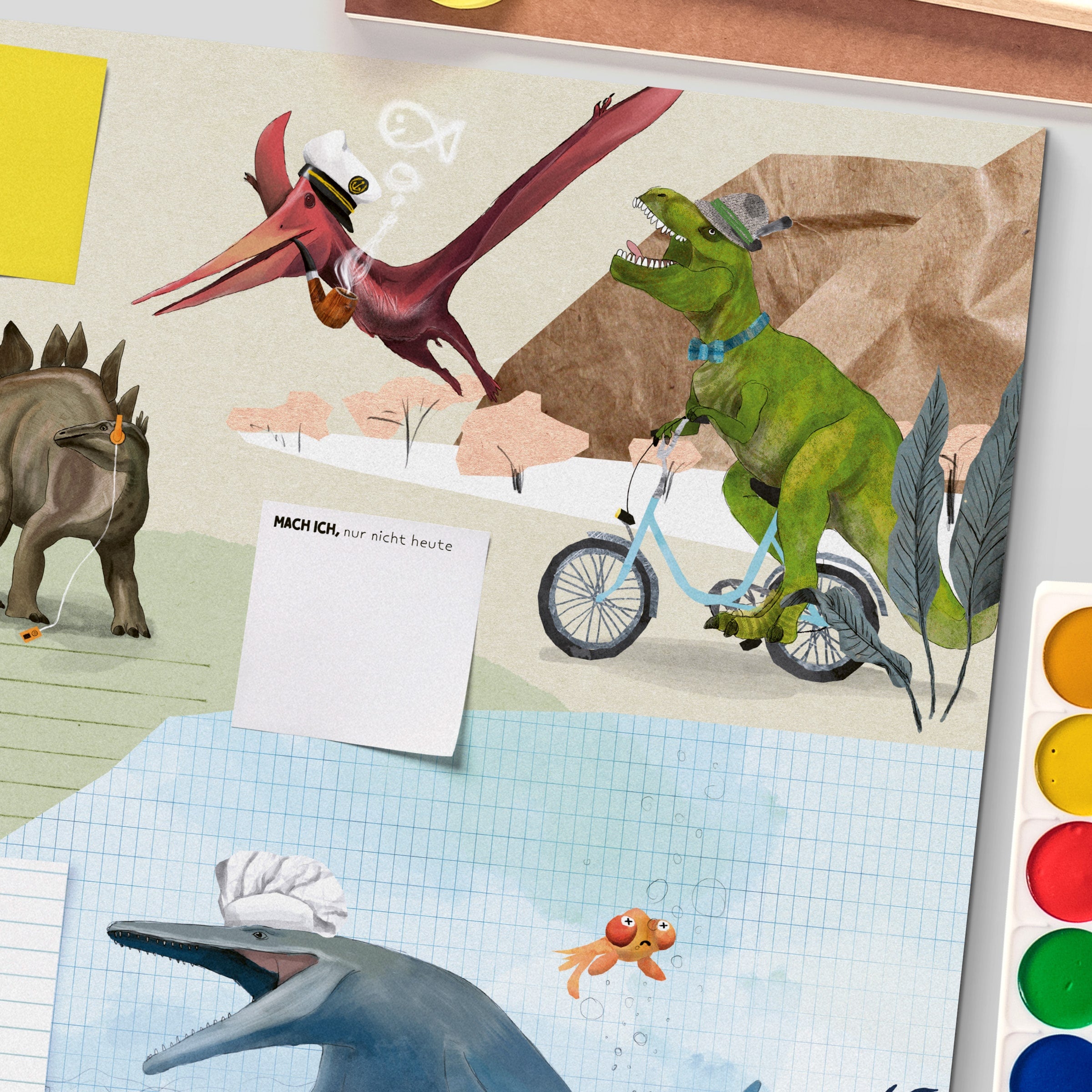 Schreibtischunterlage Dinos auf Naturpapier mit mineralölfreien Farben, handgemalt für Kinder