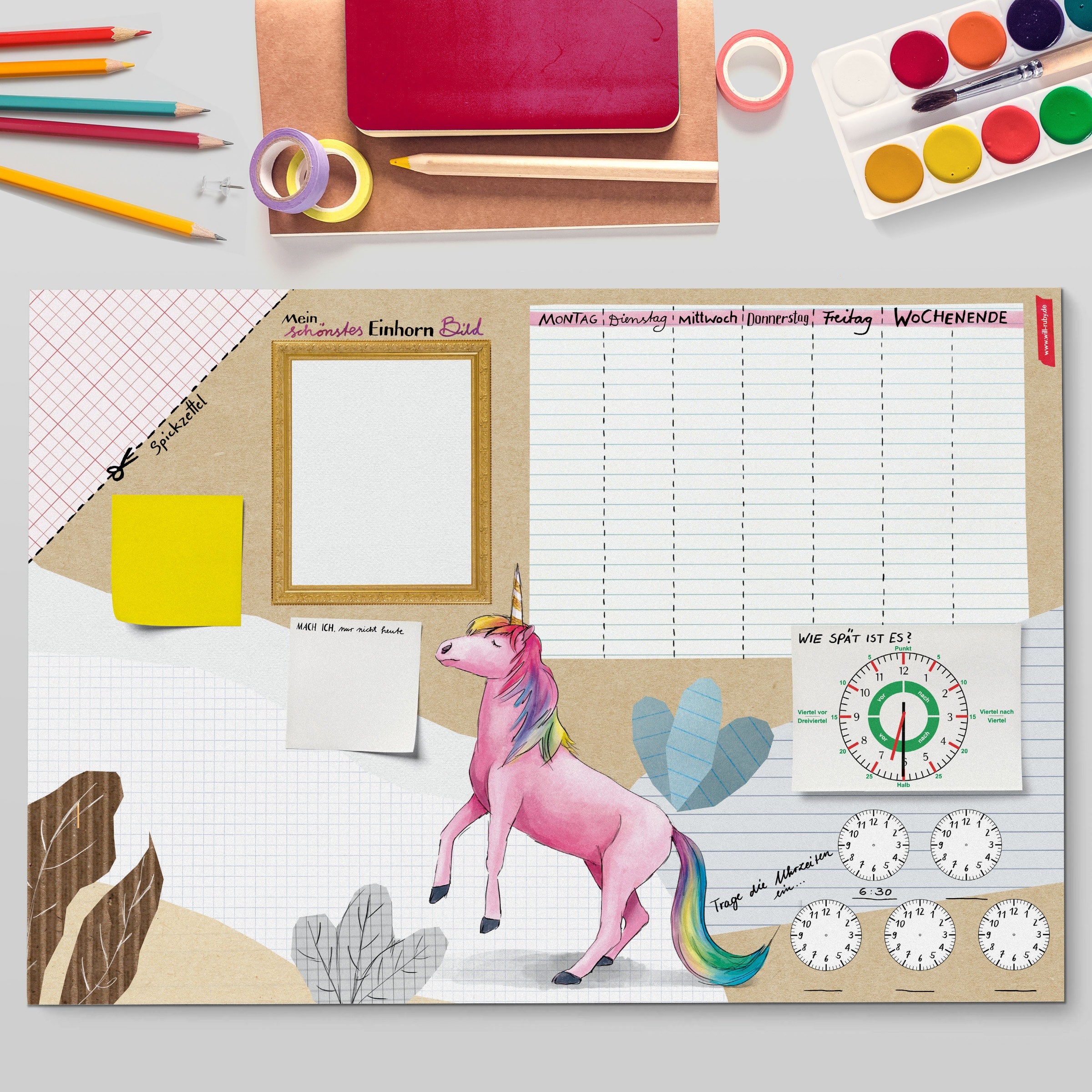 Schreibtischunterlage Einhorn Kinder – Malunterlage mit Lernuhr und Wochenplan, handgemalt, 25 Blatt