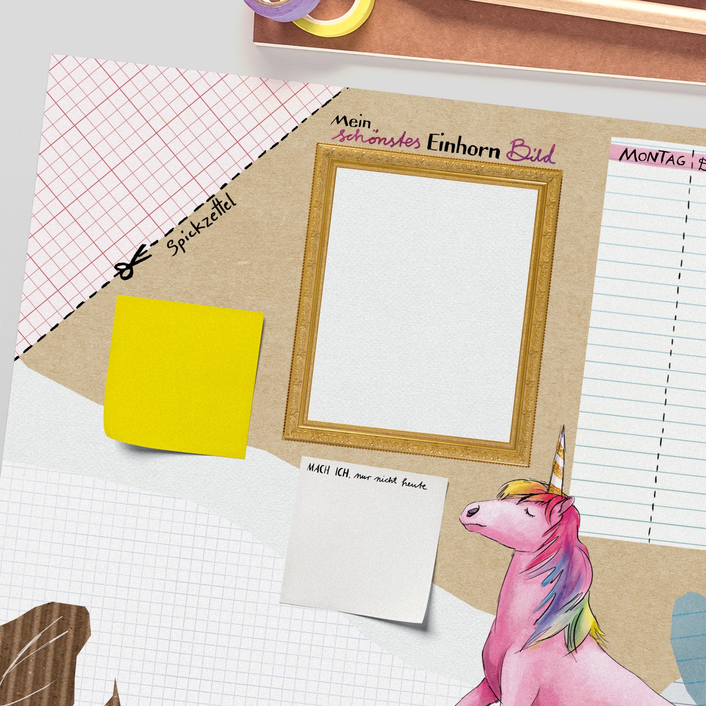 Schreibtischunterlage Einhorn – Uhrzeit lernen mit Wochenplan, handgemalt für Kinder