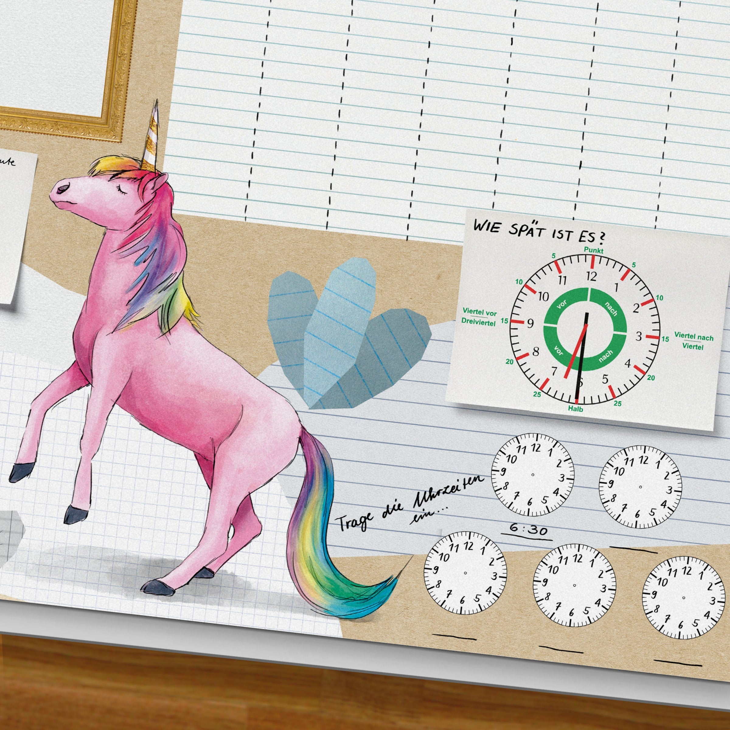 Schreibtischunterlage Einhorn – Wochenplaner und Lernuhr für den Kinderschreibtisch, handgemalt