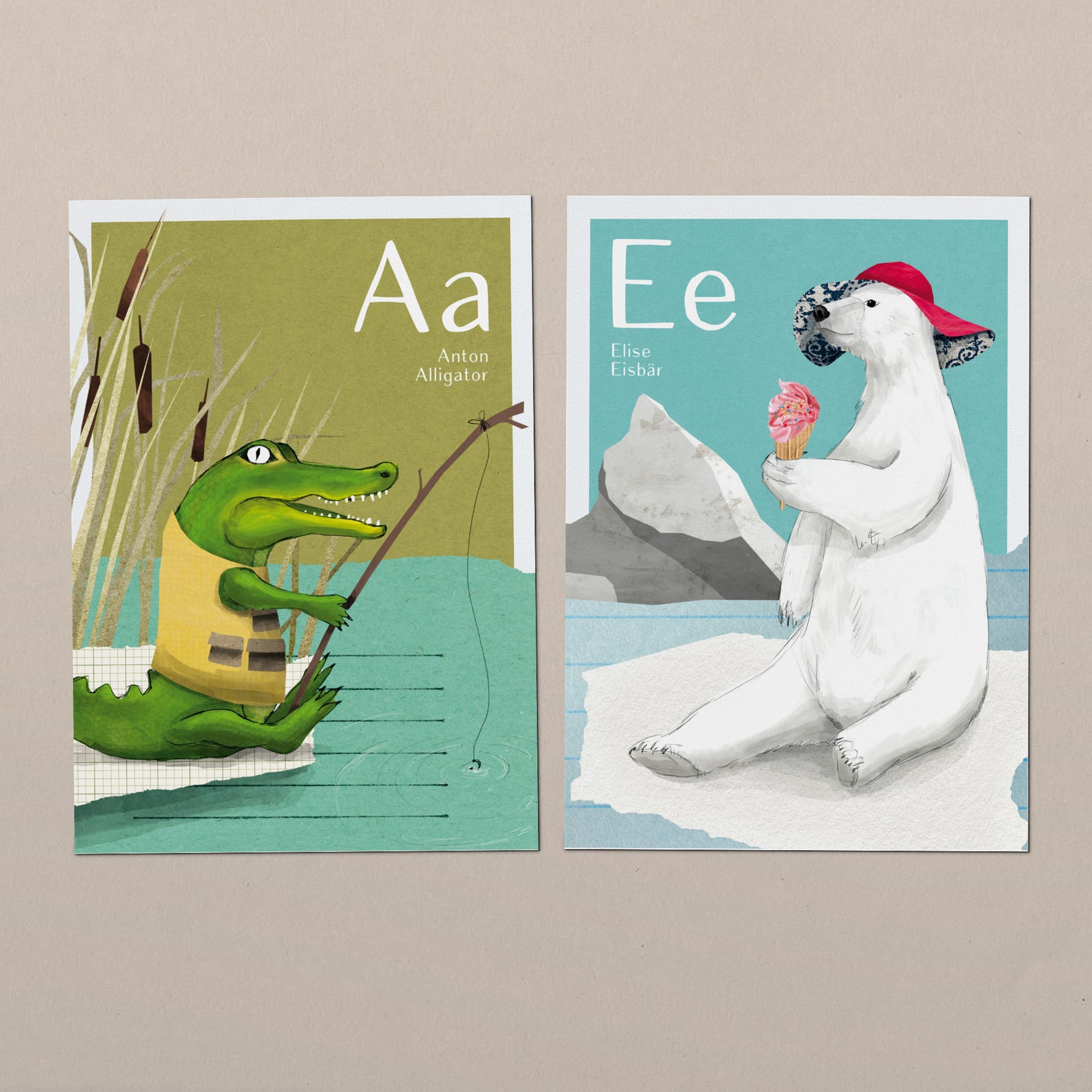 ABC-Lernkarten mit Tieren – Karten A wie Anton Alligator und E wie Elise Eisbär, handgemalt für Kinder