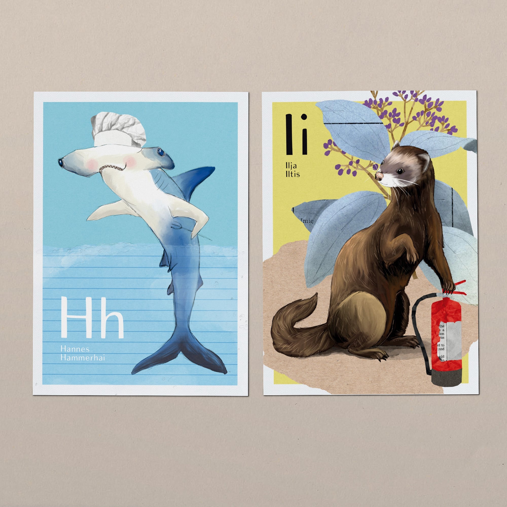ABC-Karten Tiere – Karten H wie Hannes Hammerhai und I wie Ilja Iltis, handgemalt zum Buchstaben lernen