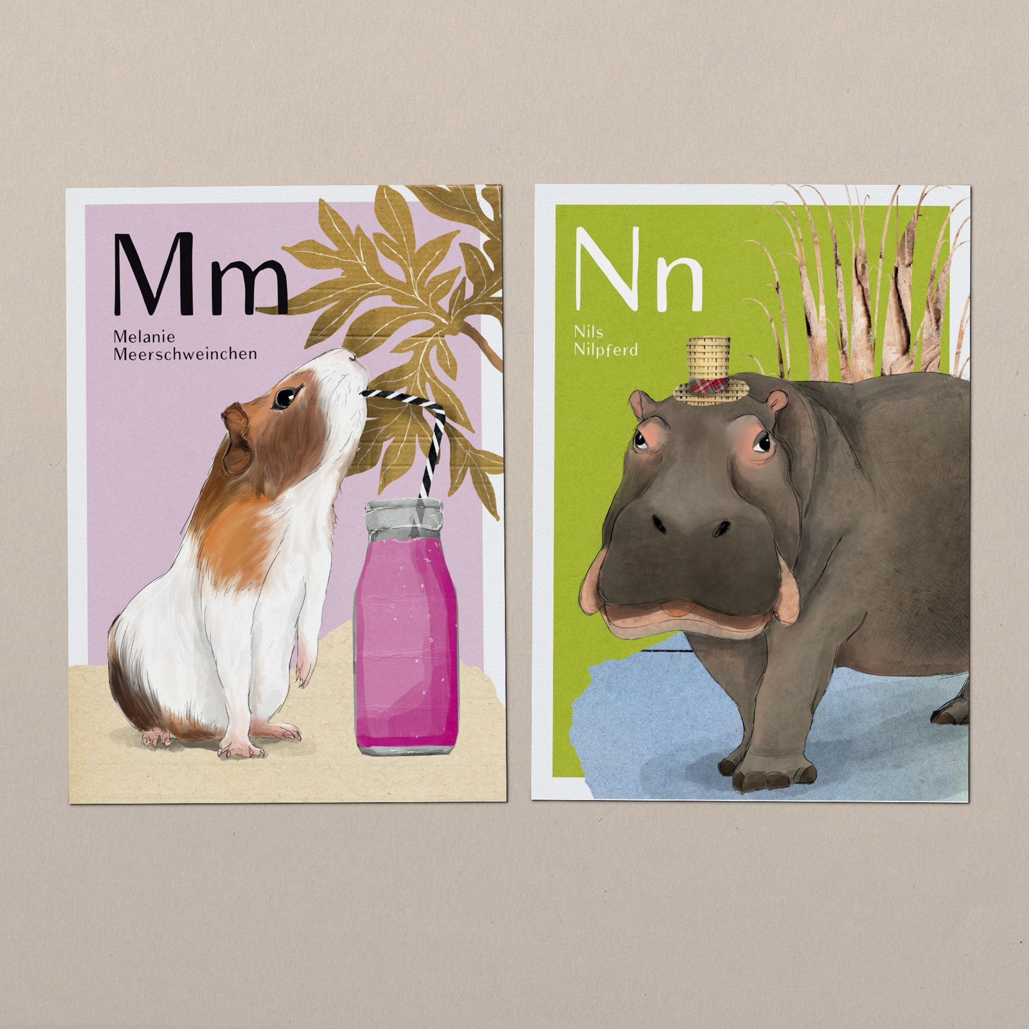 Alphabet Karten Kinder – Karten M wie Melanie Meerschweinchen und N wie Nils Nilpferd, handgemalt