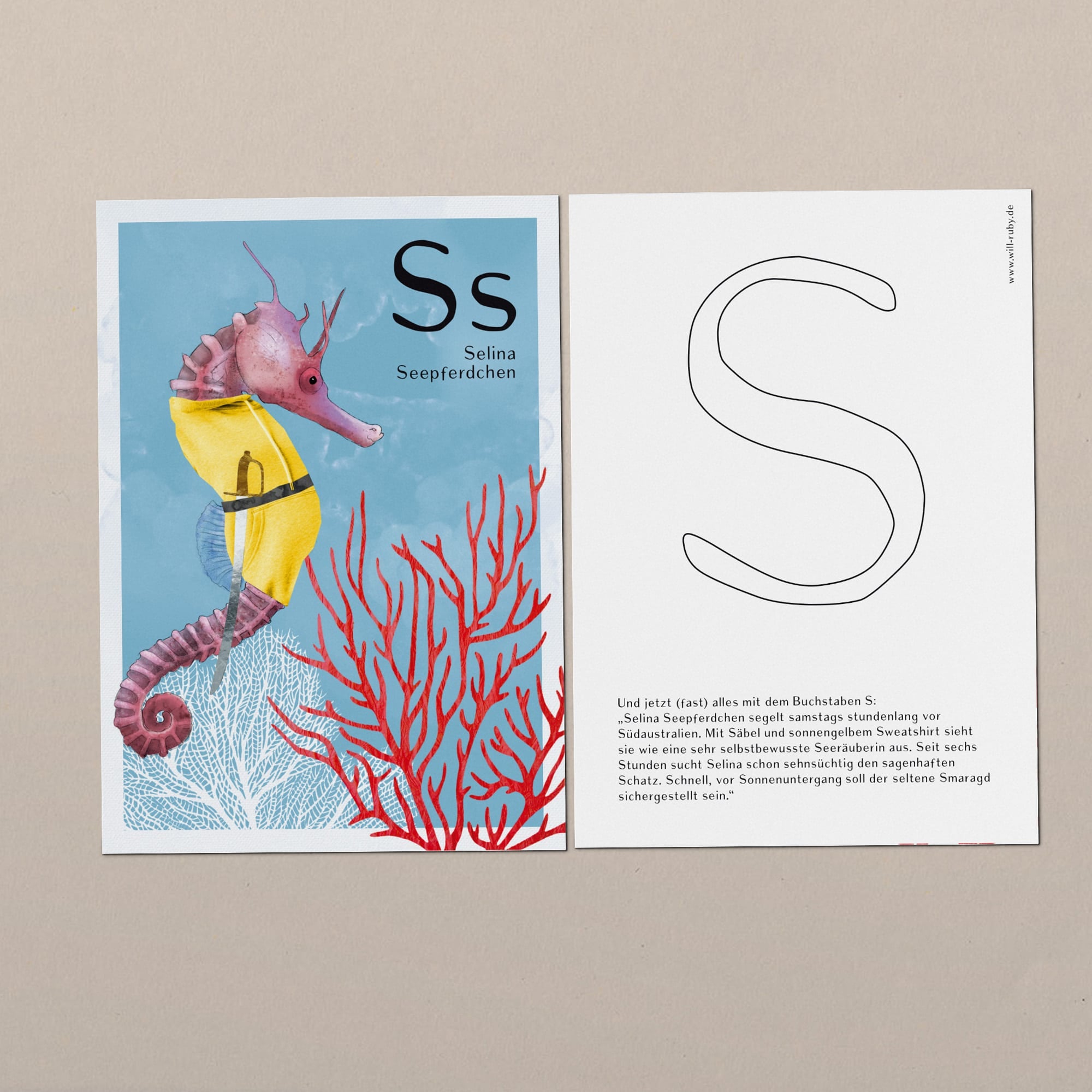 ABC-Karte S – Selina Seepferdchen mit ausmalbarer Buchstaben-Rückseite und Zungenbrecher, handgemalt