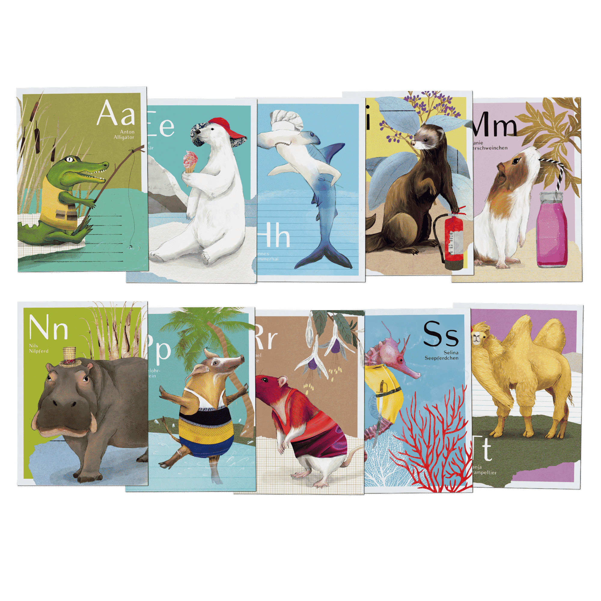 ABC-Karten Erweiterungsset – 10 zusätzliche Buchstabenkarten mit Tieren, handgemalt zum Lesen lernen