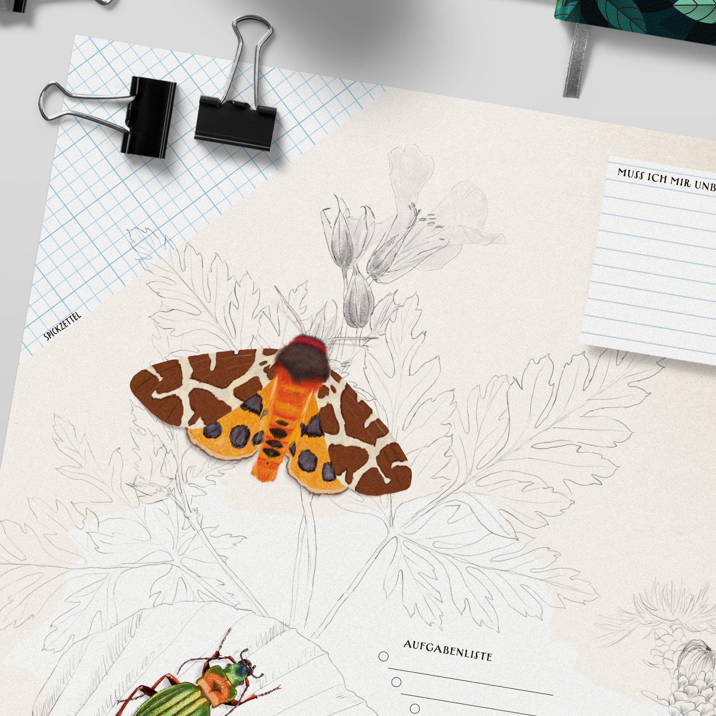 Schreibtischunterlage Insekten – Notizblock mit Aufgabenliste und Spickzettel, handgemalt