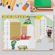Schreibtischunterlage Monster Kinder – Malunterlage mit ABC-Übungen, handgemalt, 25 Blatt