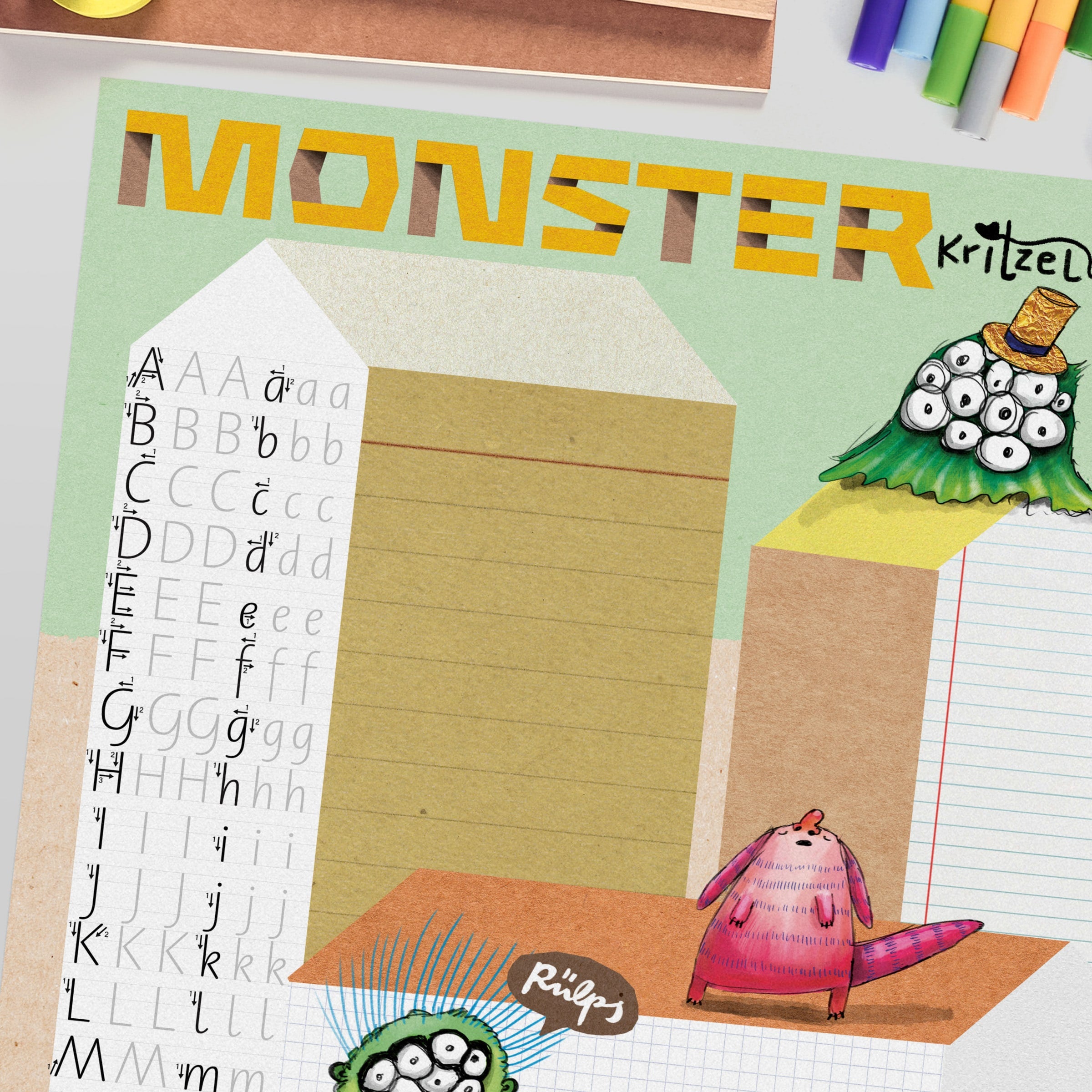 Schreibtischunterlage Monster – Alphabet üben mit Groß- und Kleinbuchstaben, handgemalt für Kinder
