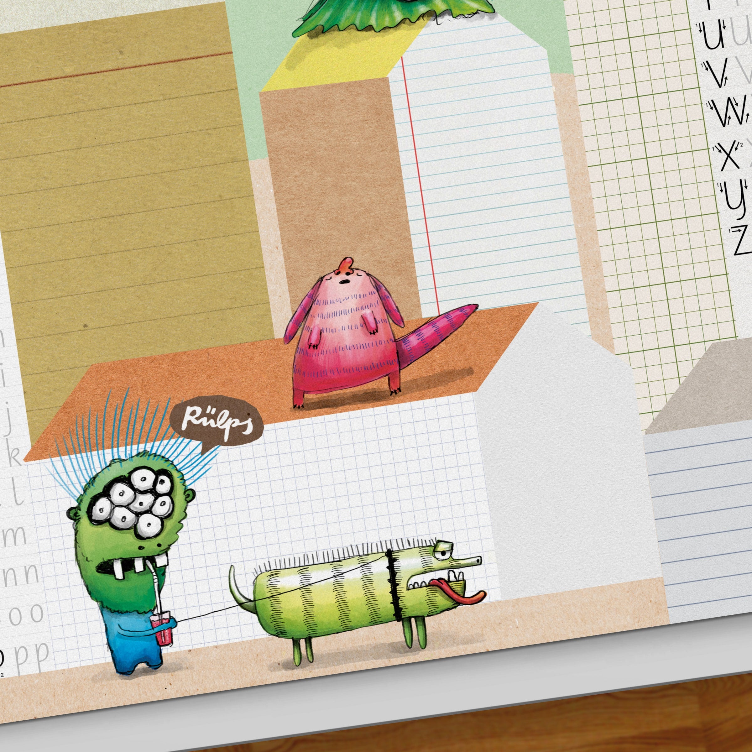 Schreibtischunterlage Monster – Kritzelfläche und ABC-Übungen, handgemalt für Kinder
