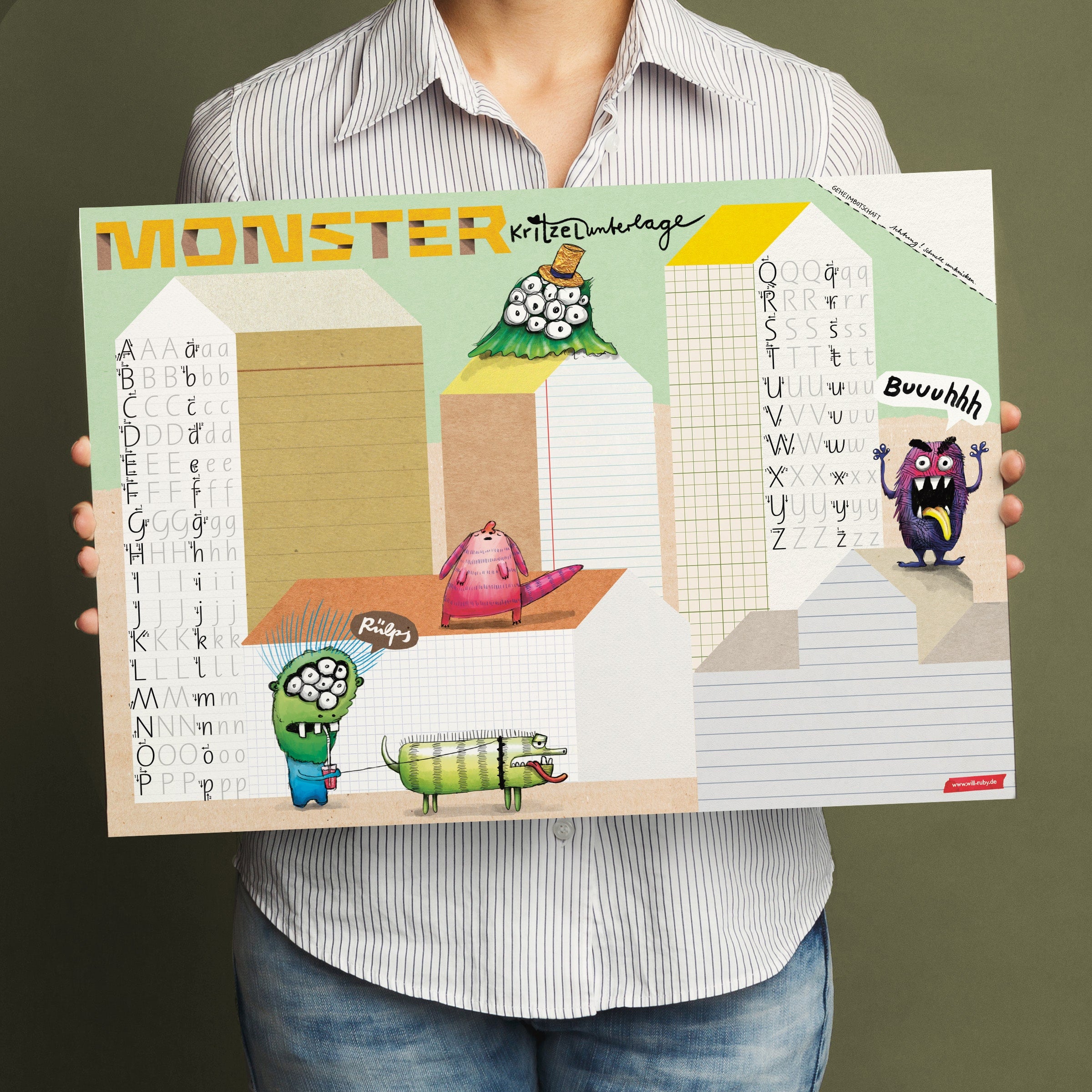 Schreibtischunterlage Monster – 25 Blatt zum Abreißen, größer als DIN A3, handgemalt