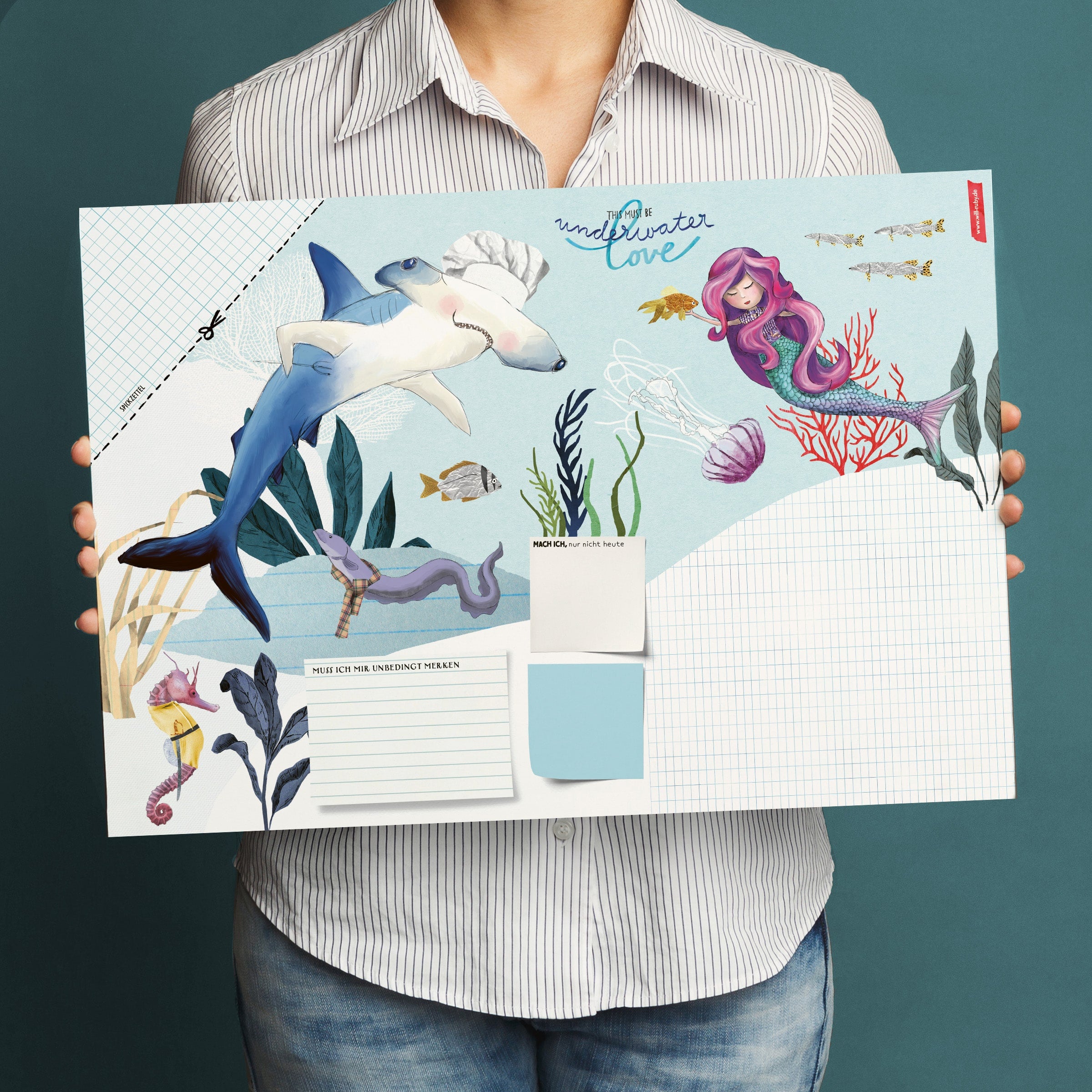 Schreibtischunterlage Unterwasser – 25 Blatt zum Abreißen, größer als DIN A3, handgemalt