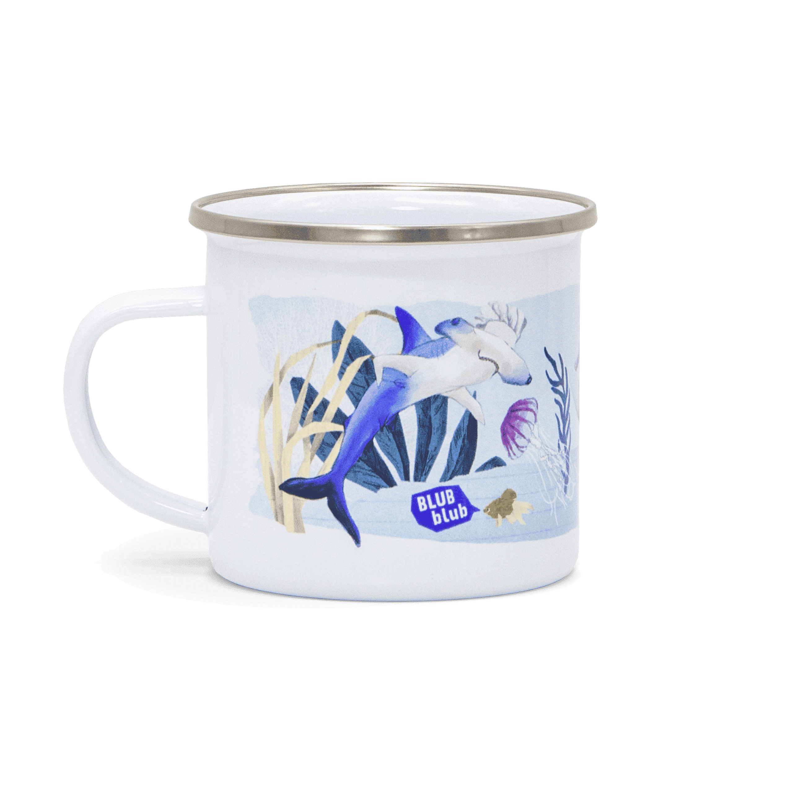 Kindertasse Meerjungfrau – Emaille-Tasse 370 ml mit Meerjungfrau, Hammerhai und Seepferdchen, handgemalt