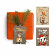 Geschenkanhänger Weihnachten Set – 3 illustrierte Tier-Motive mit Dachs, Giraffe und Beagle, handgemalt