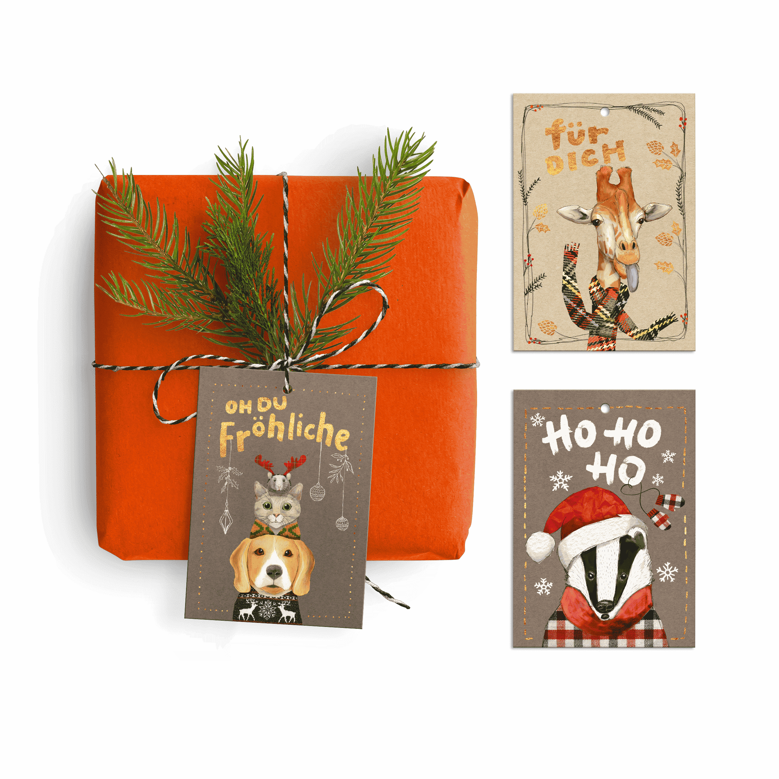 Geschenkanhänger Weihnachten Set – 3 illustrierte Tier-Motive mit Dachs, Giraffe und Beagle, handgemalt