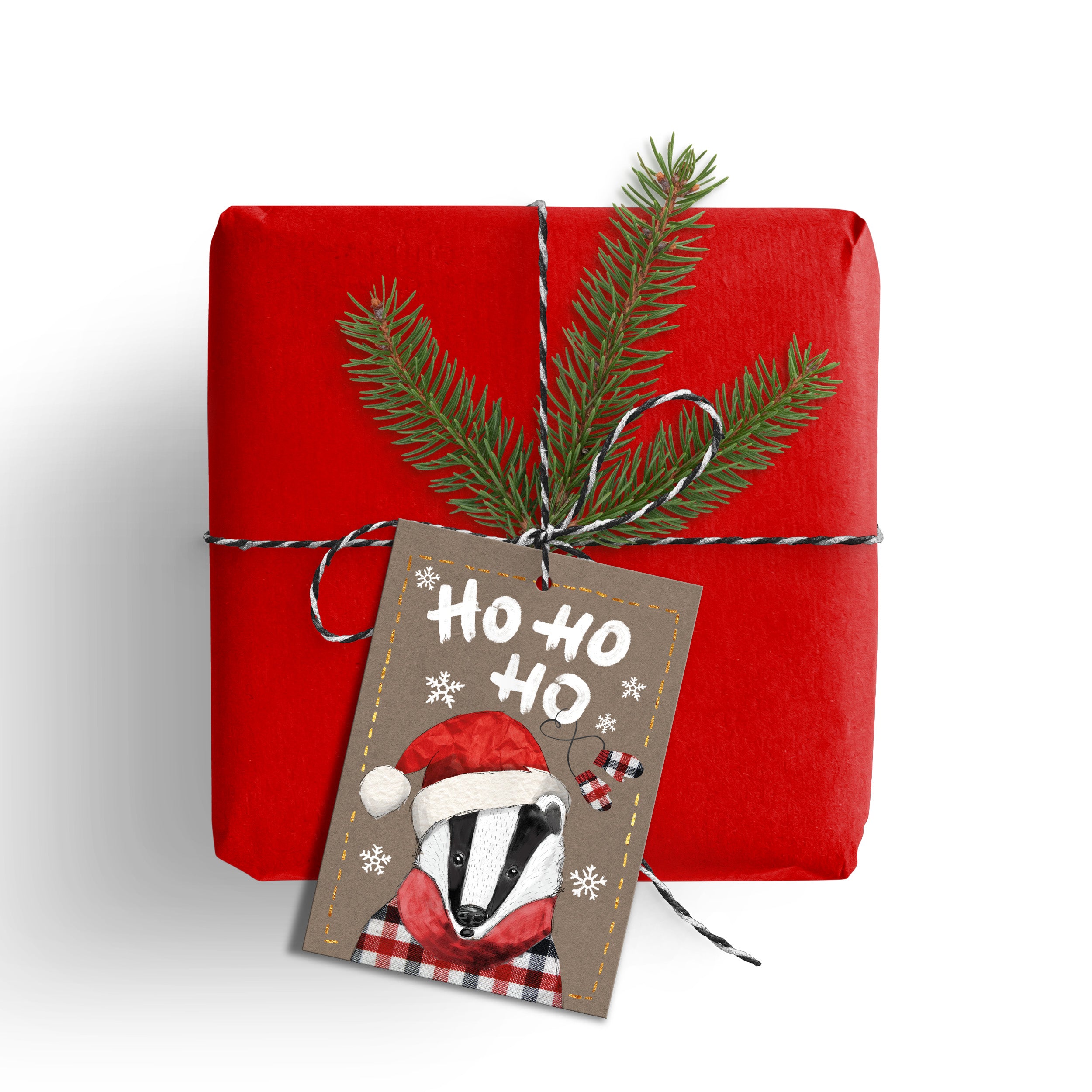 Geschenkanhänger Weihnachten Dachs "Ho Ho Ho" – handgemalt für Weihnachtsgeschenke