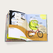Freundebuch Kinder Schule – Doppelseite mit Fahrrad-Monster zum Ausfüllen, handgemalt im Hardcover