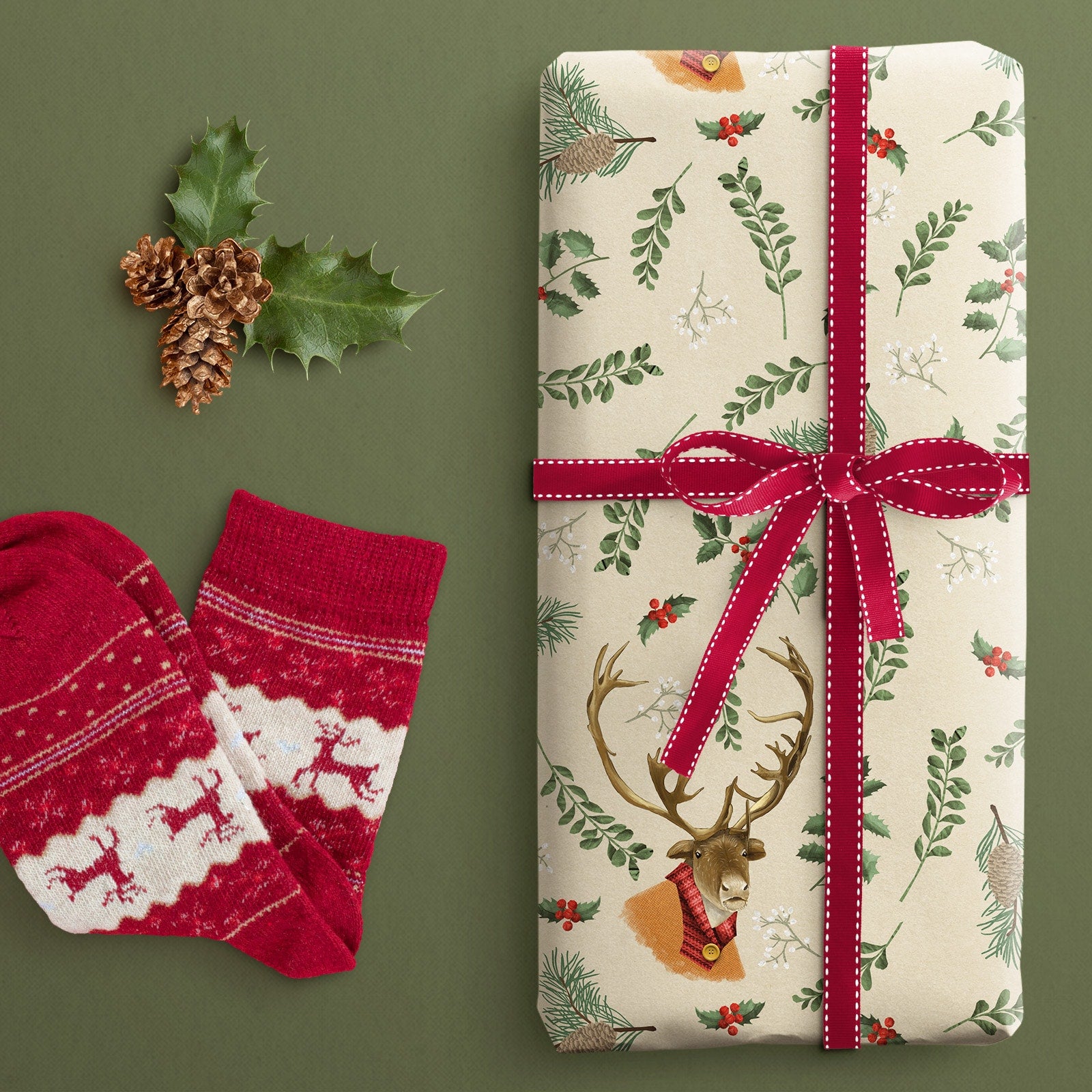 Geschenkpapier Weihnachten Rentier – handgemaltes Set für Weihnachtsgeschenke