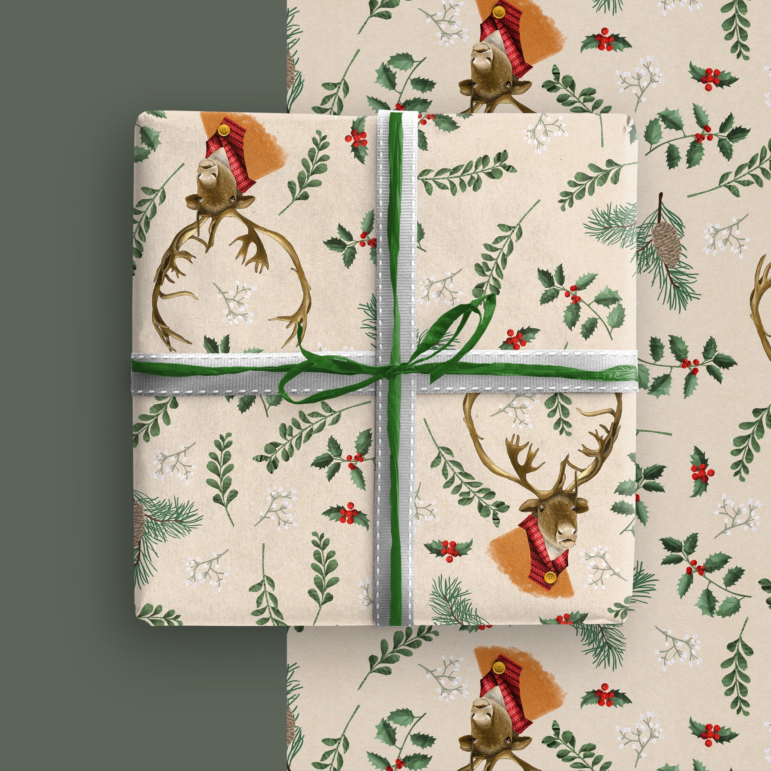 Geschenkpapier Weihnachten Rentier – handgemaltes Geschenkpapier-Set, 3 Bögen je 70 × 50 cm