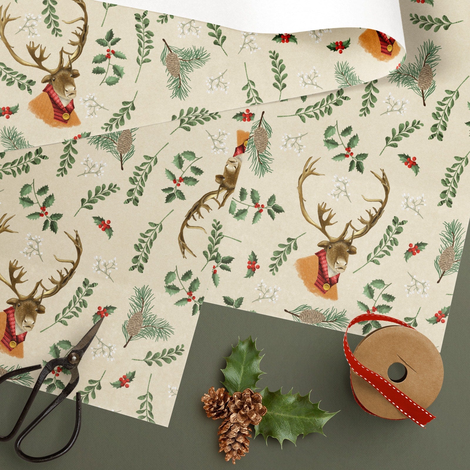 Geschenkpapier Weihnachten Rentier – Detailansicht des handgemalten Motivs