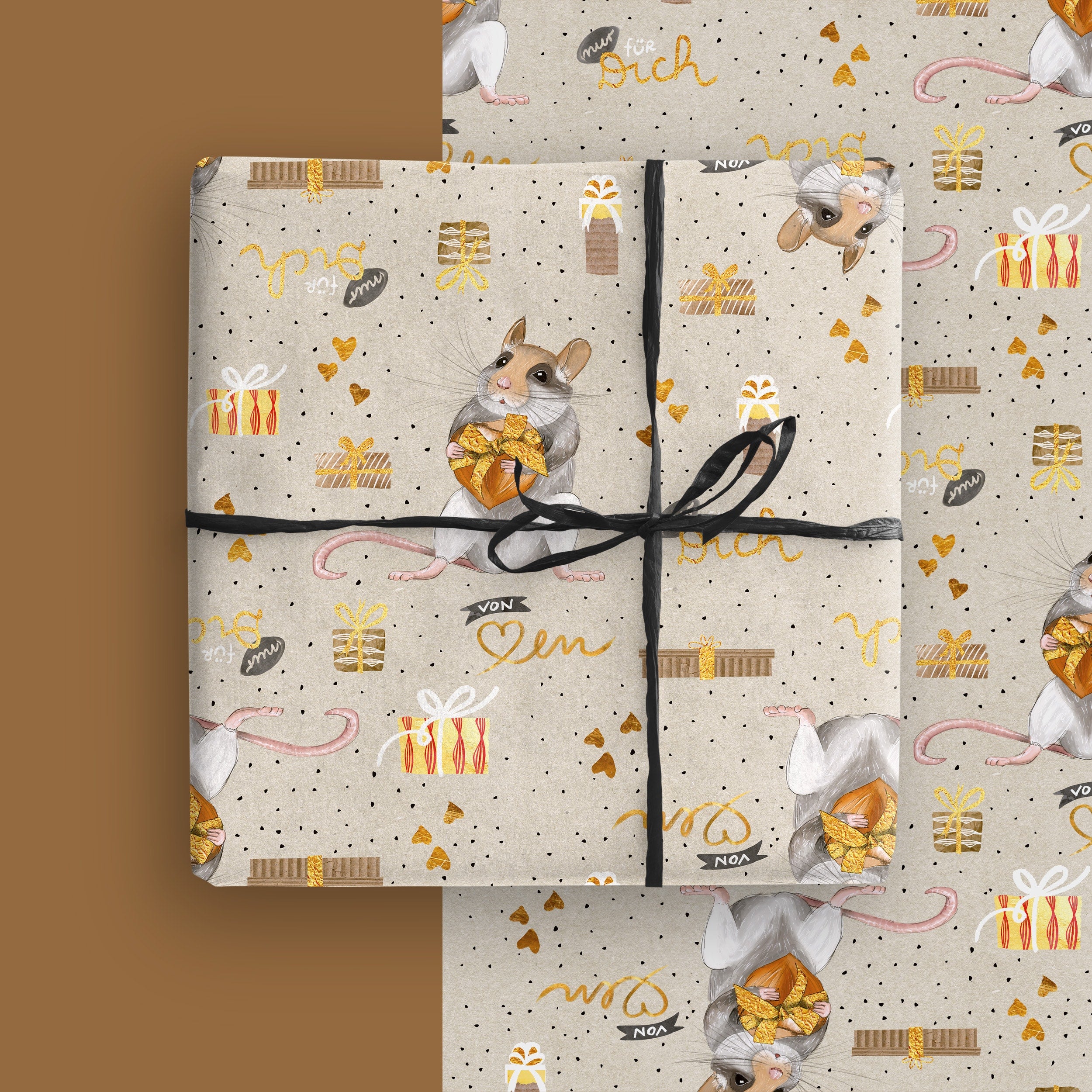 Geschenkpapier Maus – handgemaltes Geschenkpapier-Set, 3 Bögen