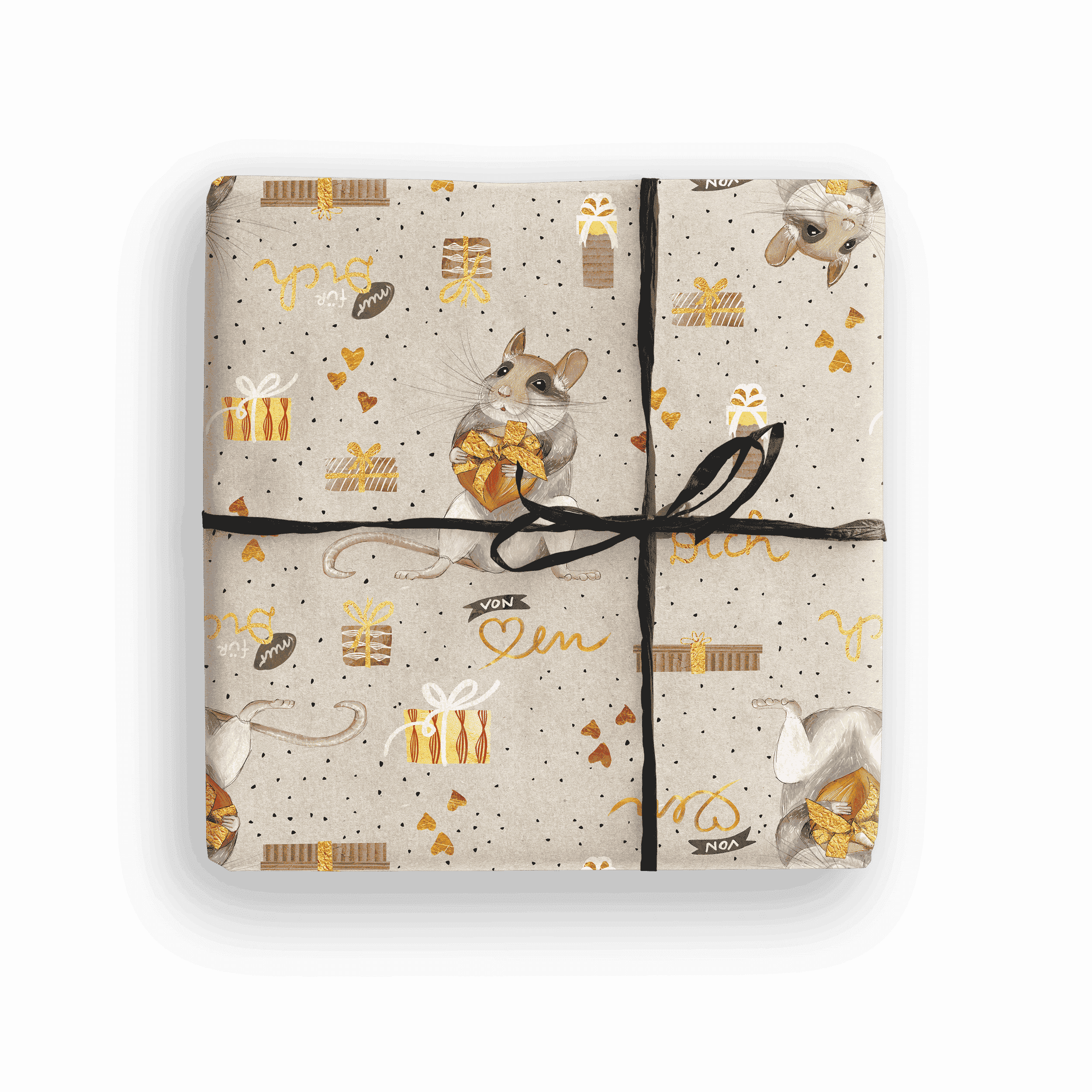 Geschenkpapier Maus – 3er-Set mit Manu Maus und goldenen Herzen, handgemalt