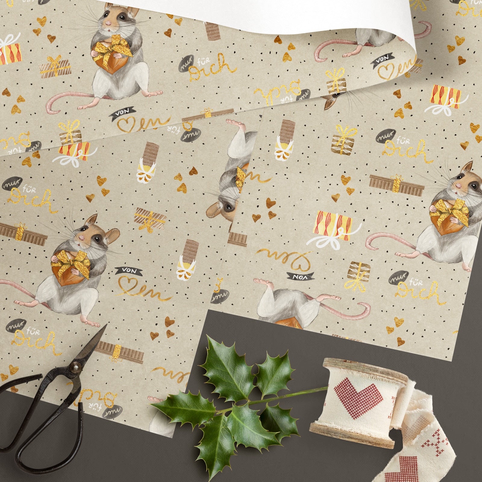 Geschenkpapier Maus – Detailansicht des handgemalten Motivs
