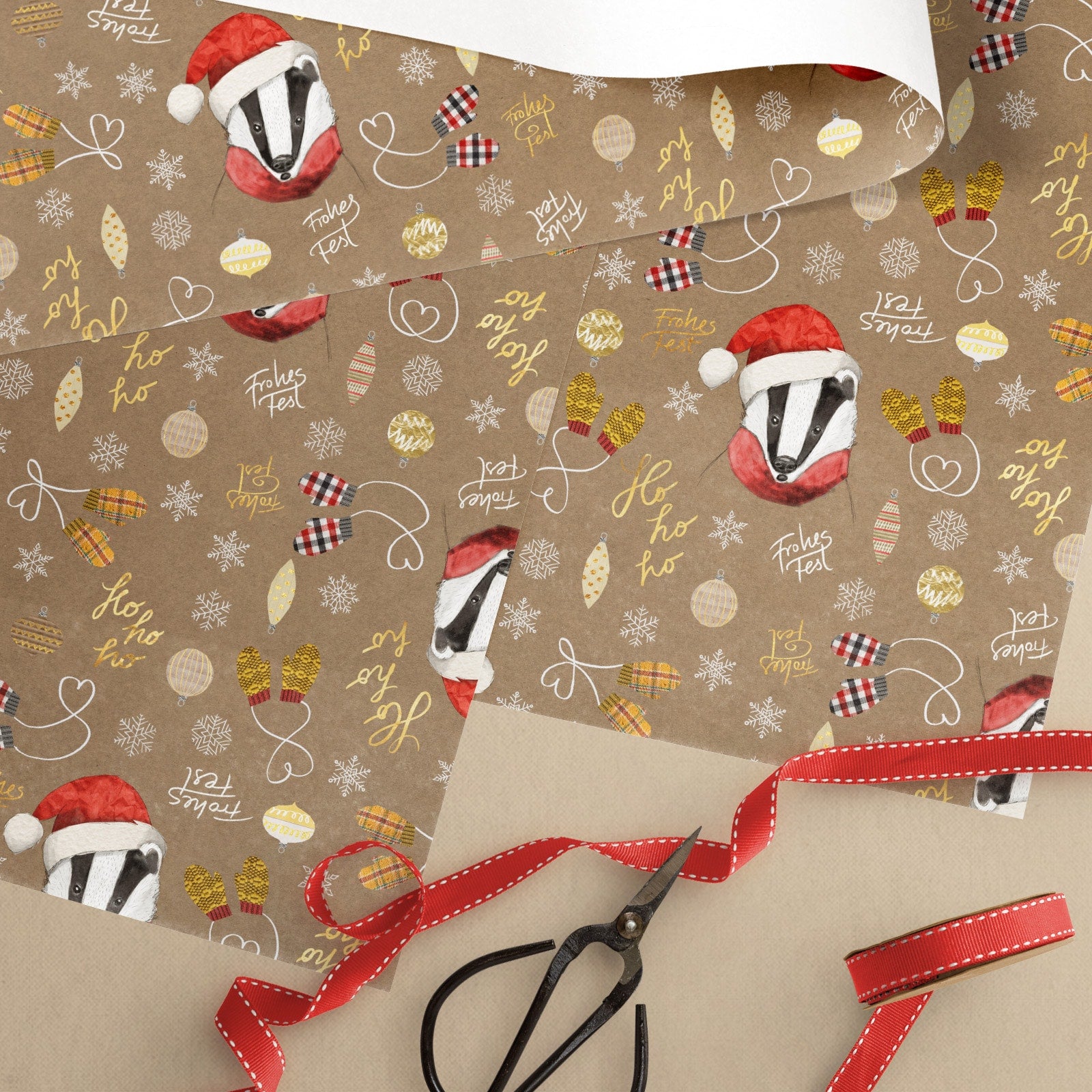 Geschenkpapier Dachs Weihnachten – handgemaltes Set, 3 Bögen mit Tier-Muster, nachhaltig produziert