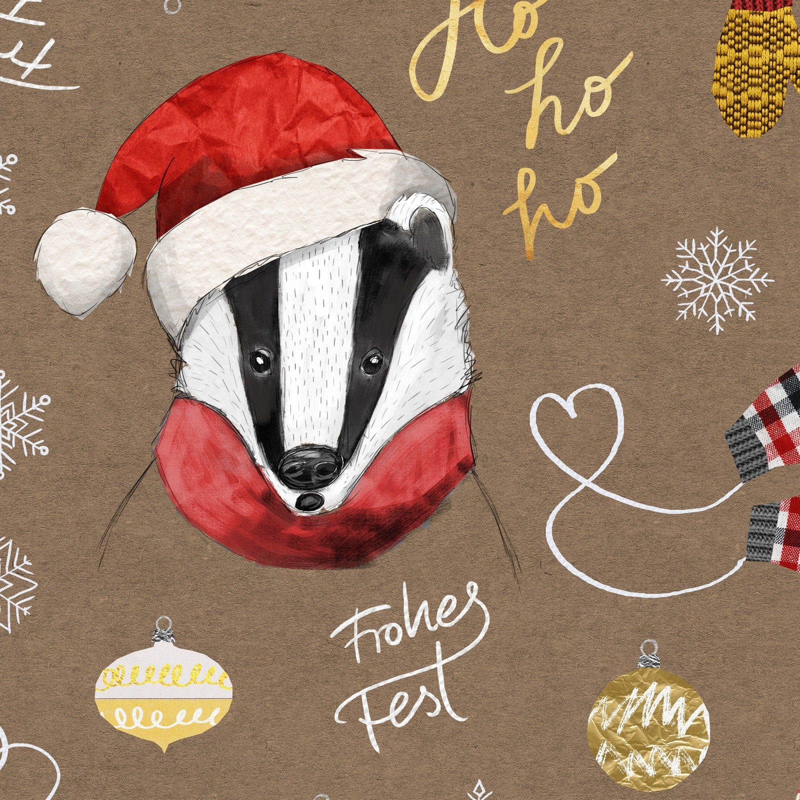 Nachhaltiges Geschenkpapier Weihnachten – handgemaltes Dachs-Muster mit Christbaumkugeln und Schriftzügen