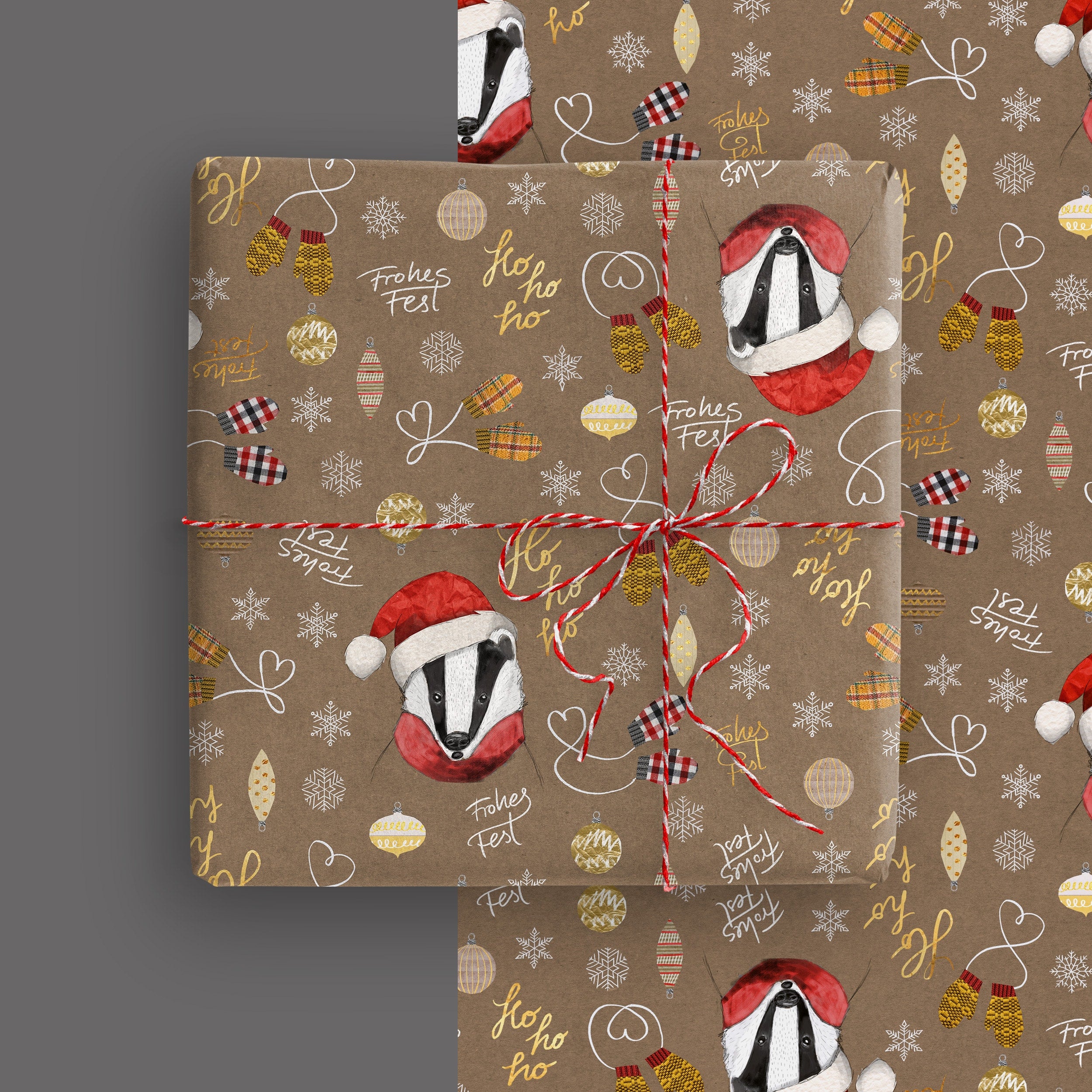 Weihnachtsgeschenkpapier Dachs – handgemaltes 3er-Set für nachhaltige Weihnachtsgeschenke