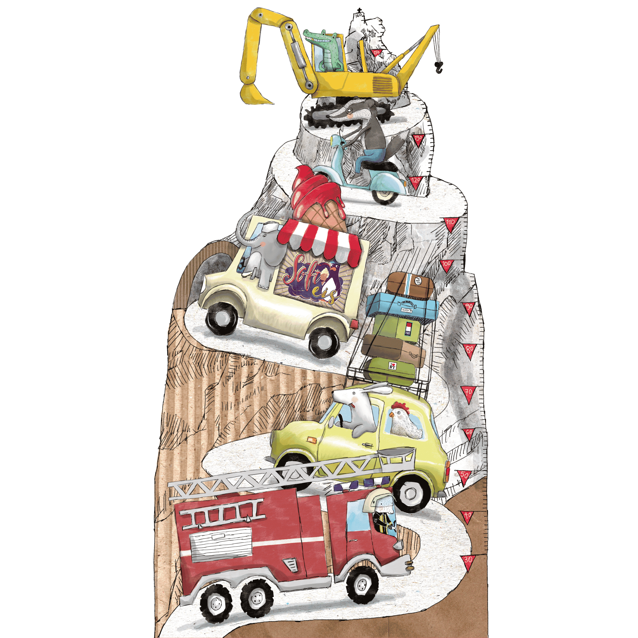 Kindermesslatte Autokorso – Wandaufkleber 80 × 150 cm mit Bagger, Eiswagen und Feuerwehrauto, handgemalt
