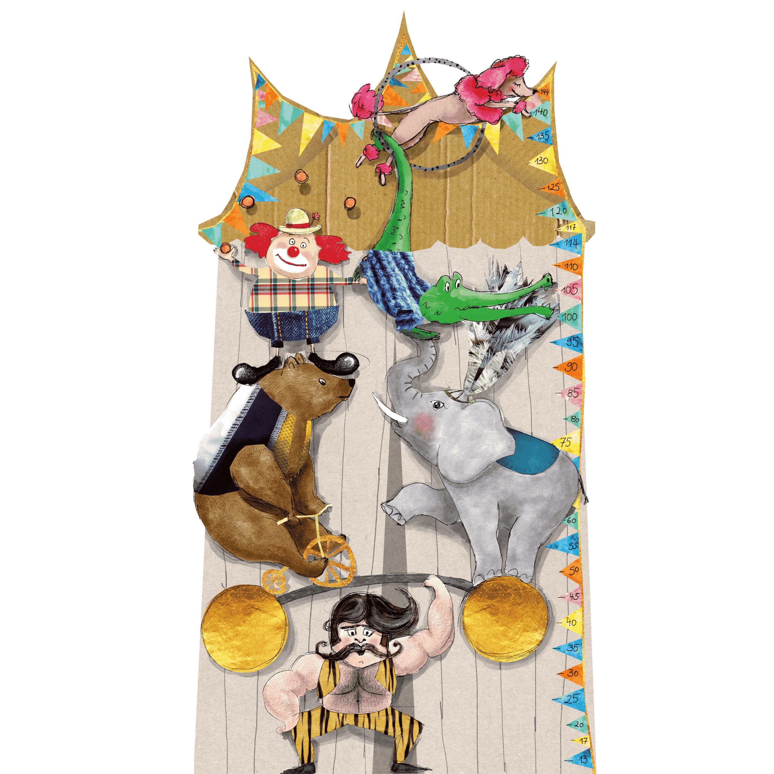 Kindermesslatte Zirkus – Wandaufkleber 80 × 150 cm mit Clown, Strongman, Pudel und Elefant, handgemalt