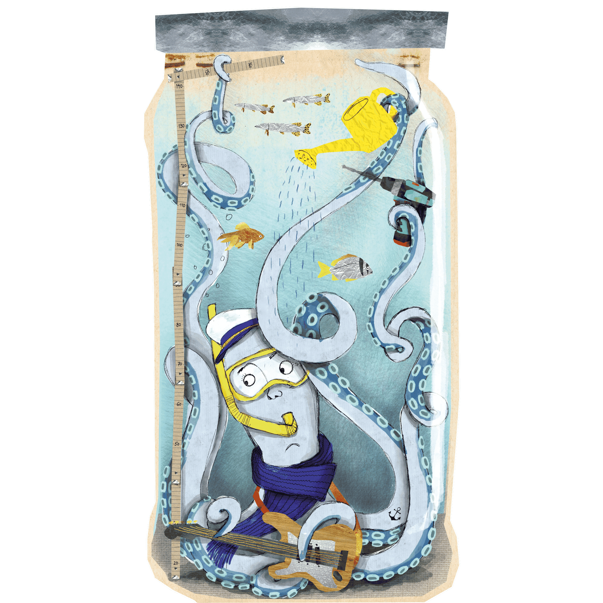 Kindermesslatte Tintenfisch – Wandaufkleber 80 × 150 cm mit Tintenfisch und Unterwassertieren, handgemalt
