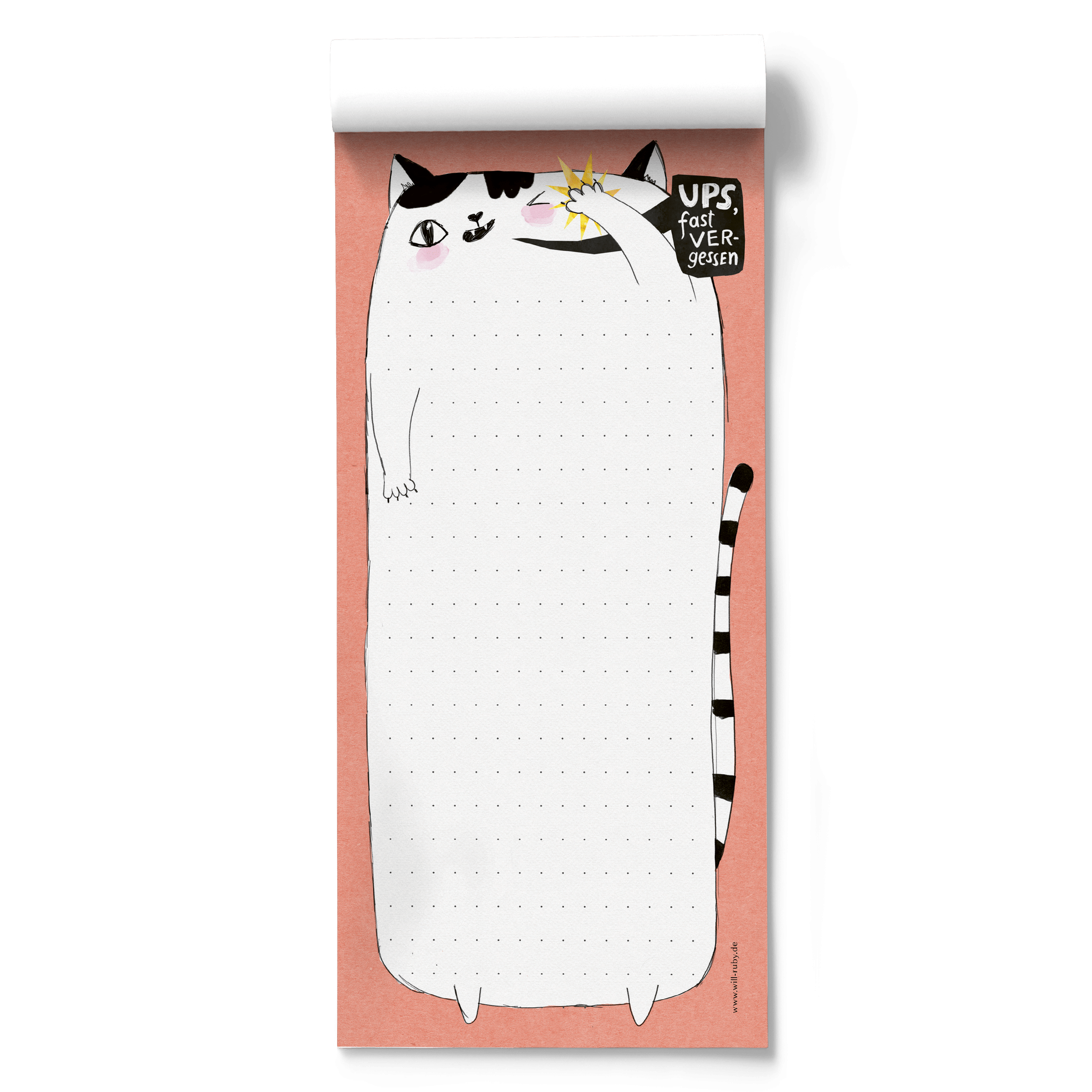 Notizblock Katze DIN Lang – 50 Blatt mit Punktraster und handgemalter Katze "Ups, fast vergessen"