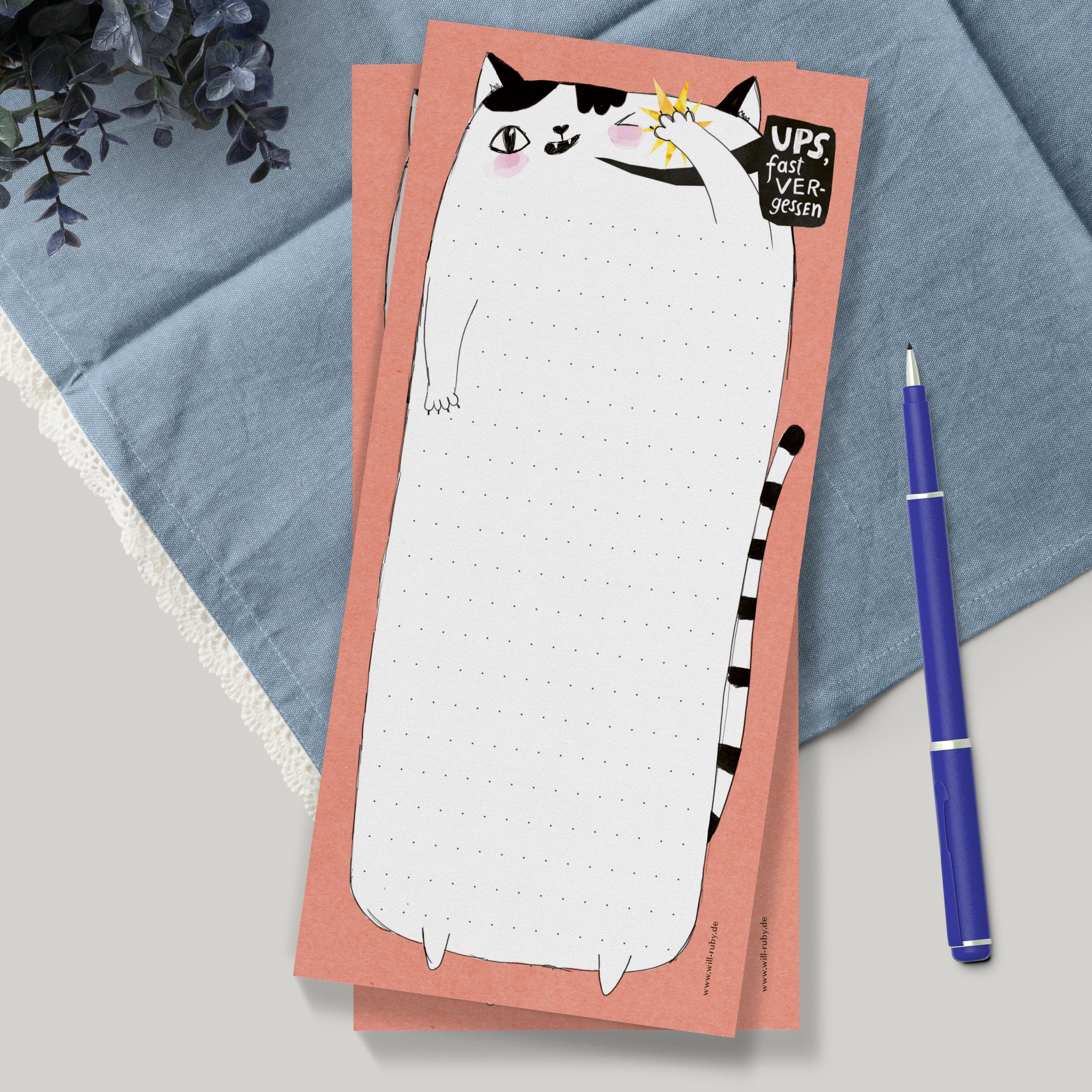 Notizblock Katze illustriert – handgemalter Block im DIN-Lang-Format für Notizen und Einkaufslisten