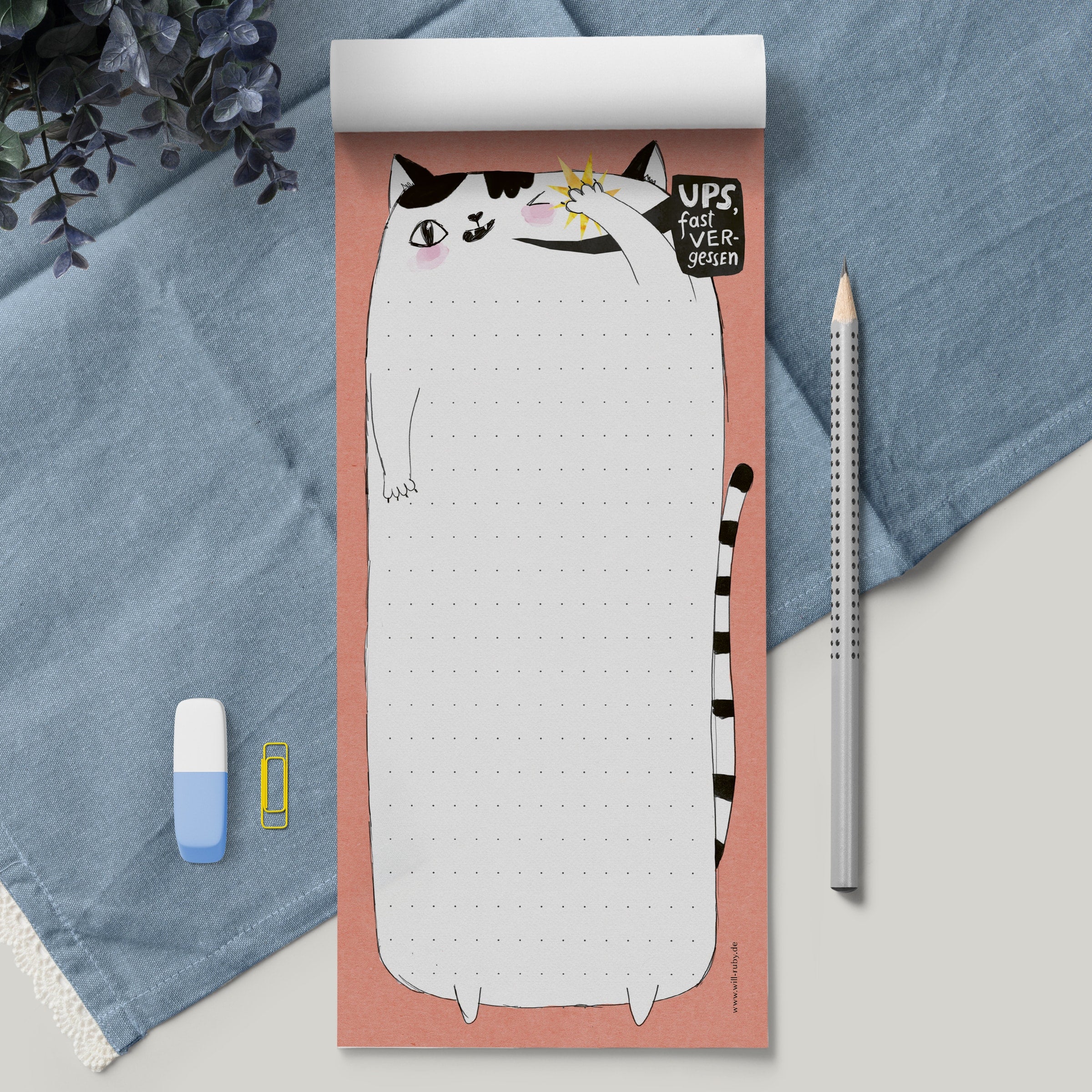 Notizblock mit Katzen-Motiv – 50 Blatt mit Punktraster zum Notieren, handgemalt für den Schreibtisch