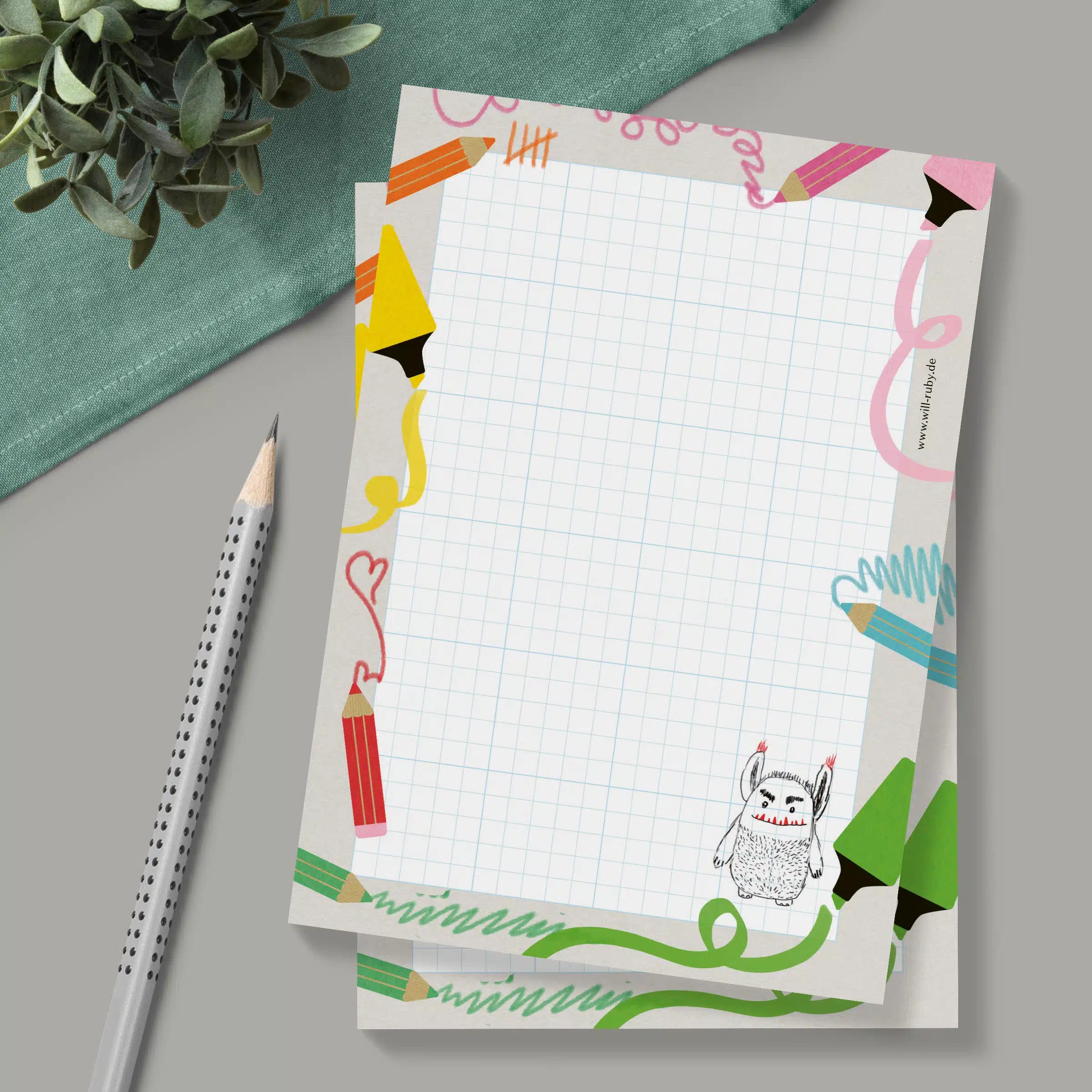 Schulnotizblock A6 illustriert – handgemalter Block für die Schultasche, kariert mit 50 Blatt