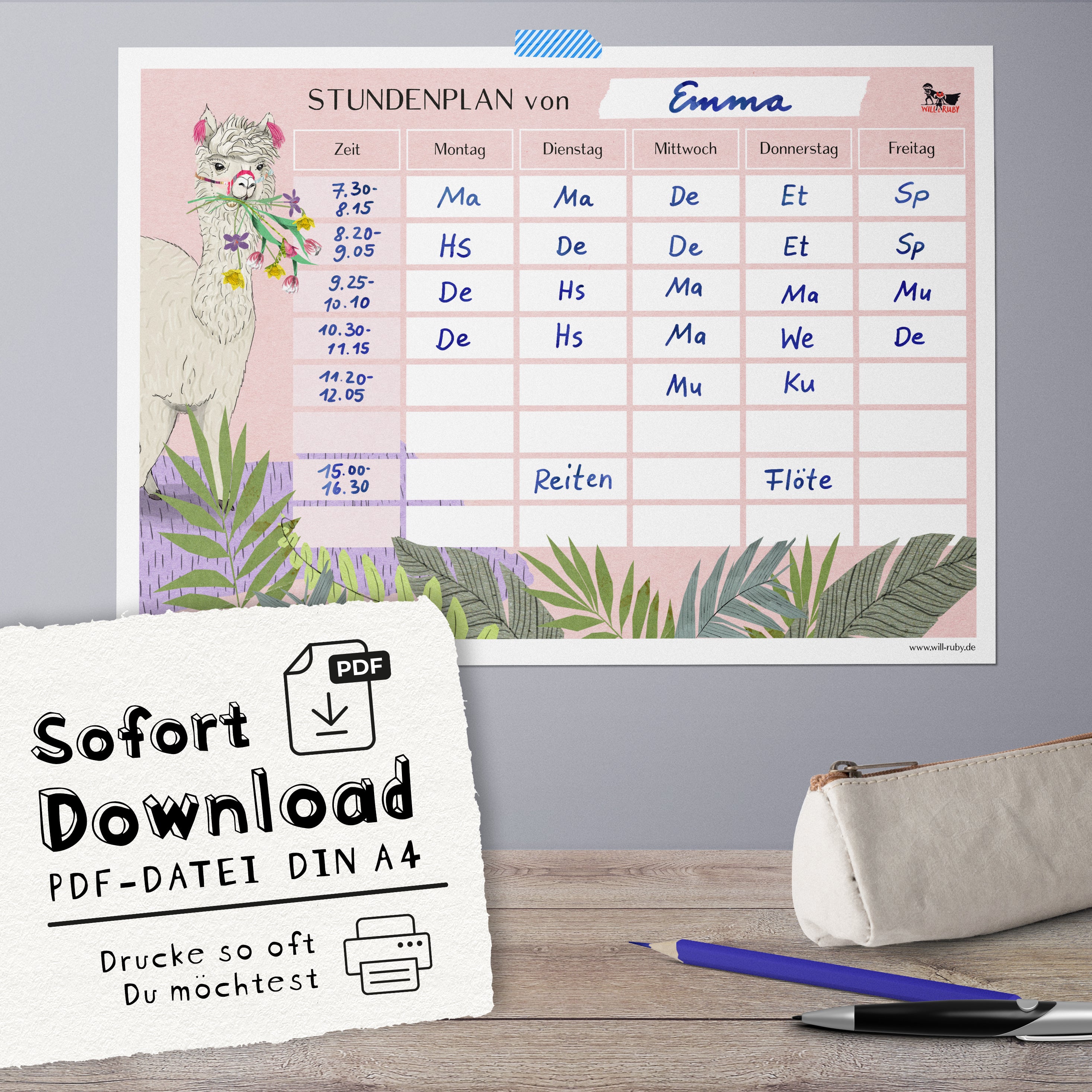 Stundenplan PDF Lama – sofort als Download verfügbar, beliebig oft druckbar, handgemalte Illustration