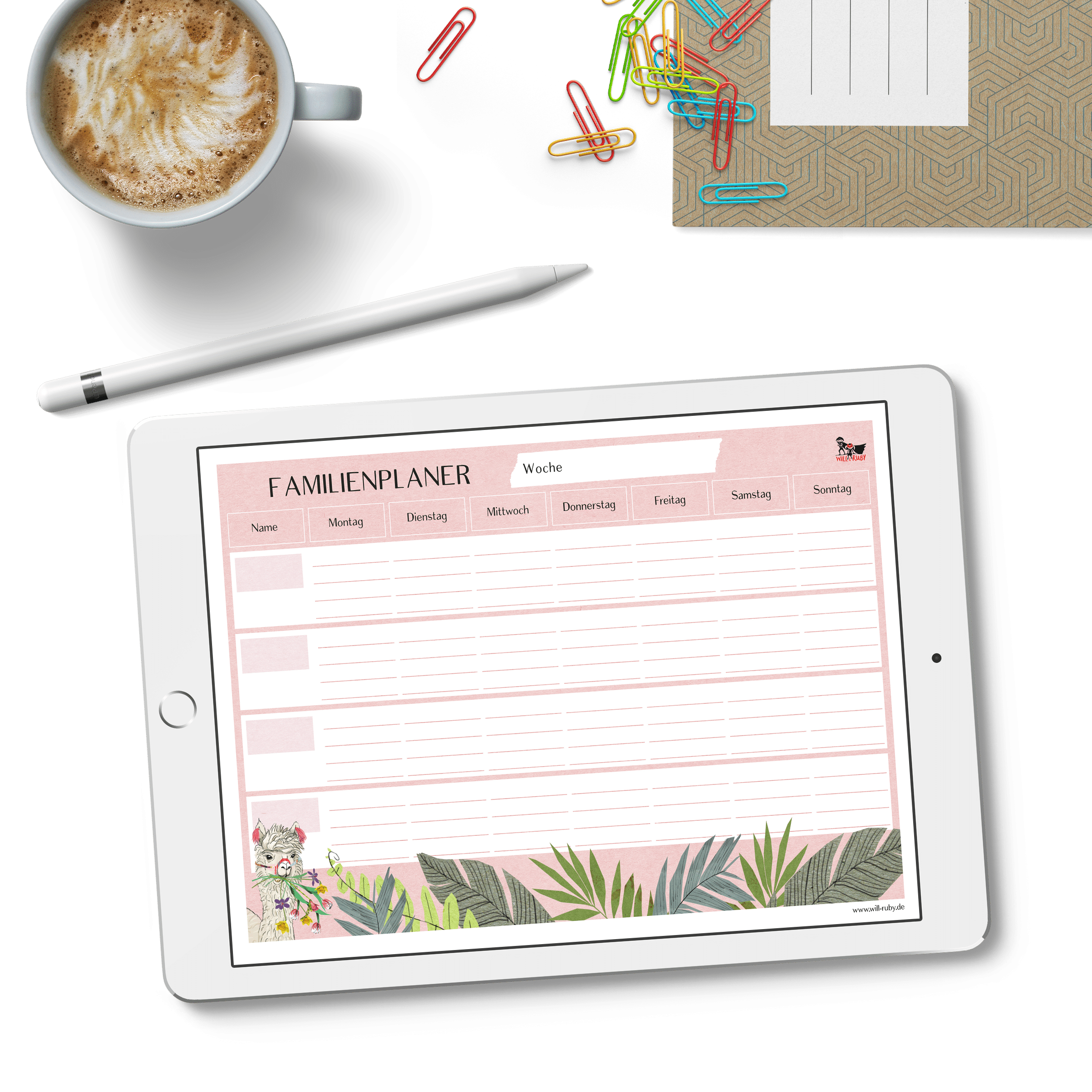 Familienplaner Lama PDF – Wochenplaner zum Ausdrucken im A4-Querformat, handgemalte Lama-Illustration