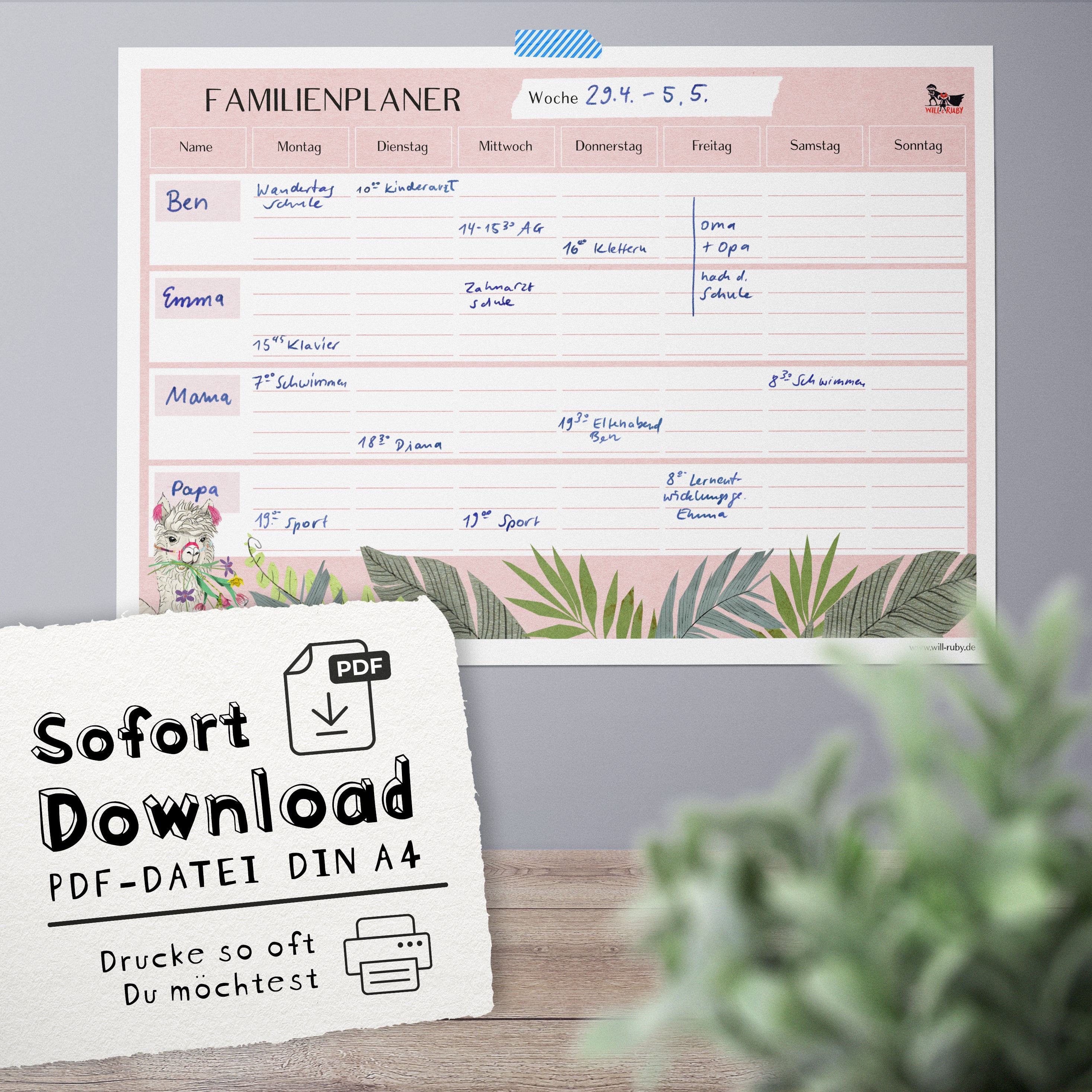 Familienplaner Lama zum Ausdrucken – Wochenplan für die ganze Familie, sieben Wochentage, handgemalt