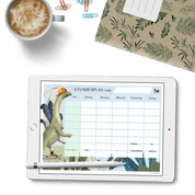 Stundenplan Dino zum Ausdrucken – PDF im A4-Querformat, handgemalter Dino für die Schule