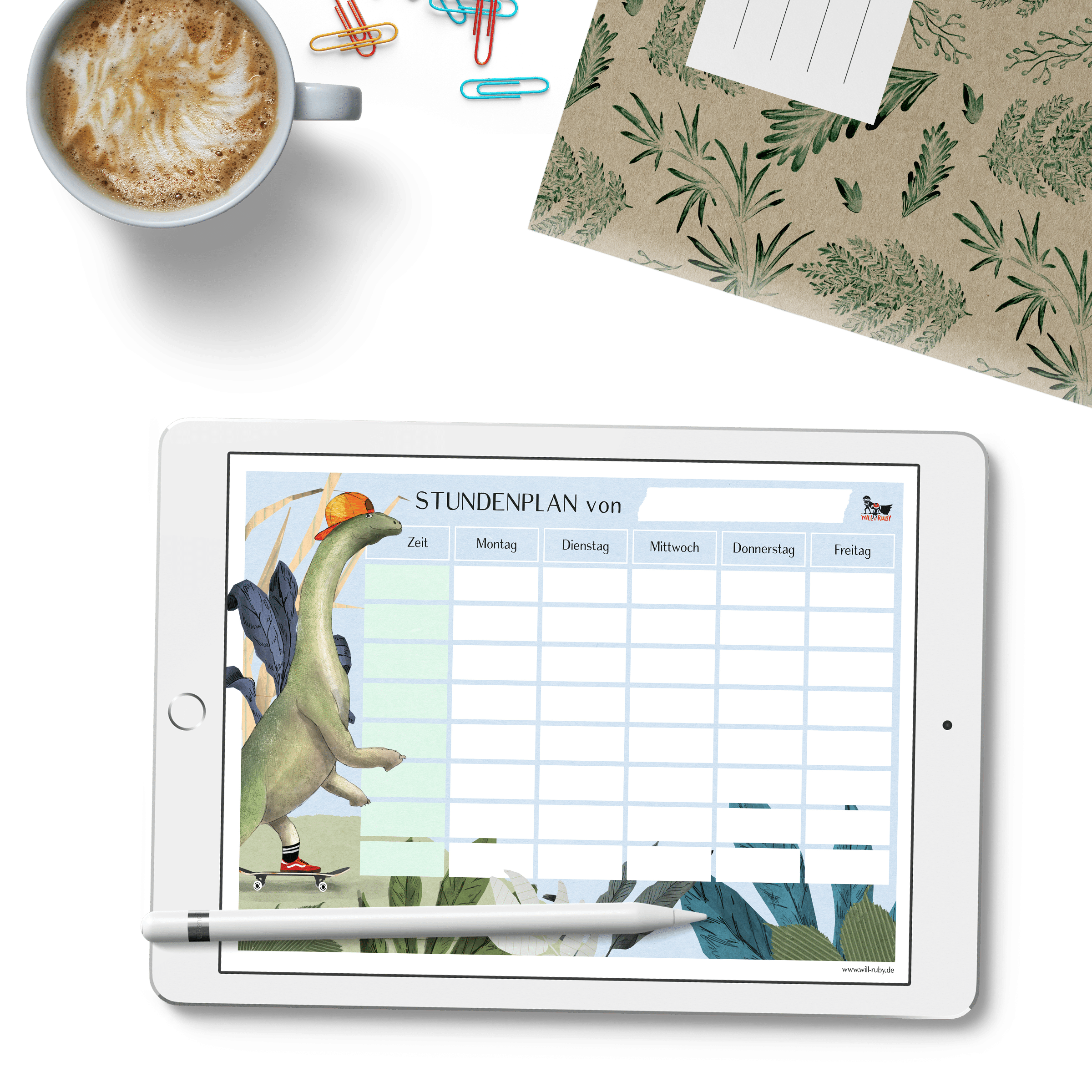 Stundenplan Dino zum Ausdrucken – PDF im A4-Querformat, handgemalter Dino für die Schule