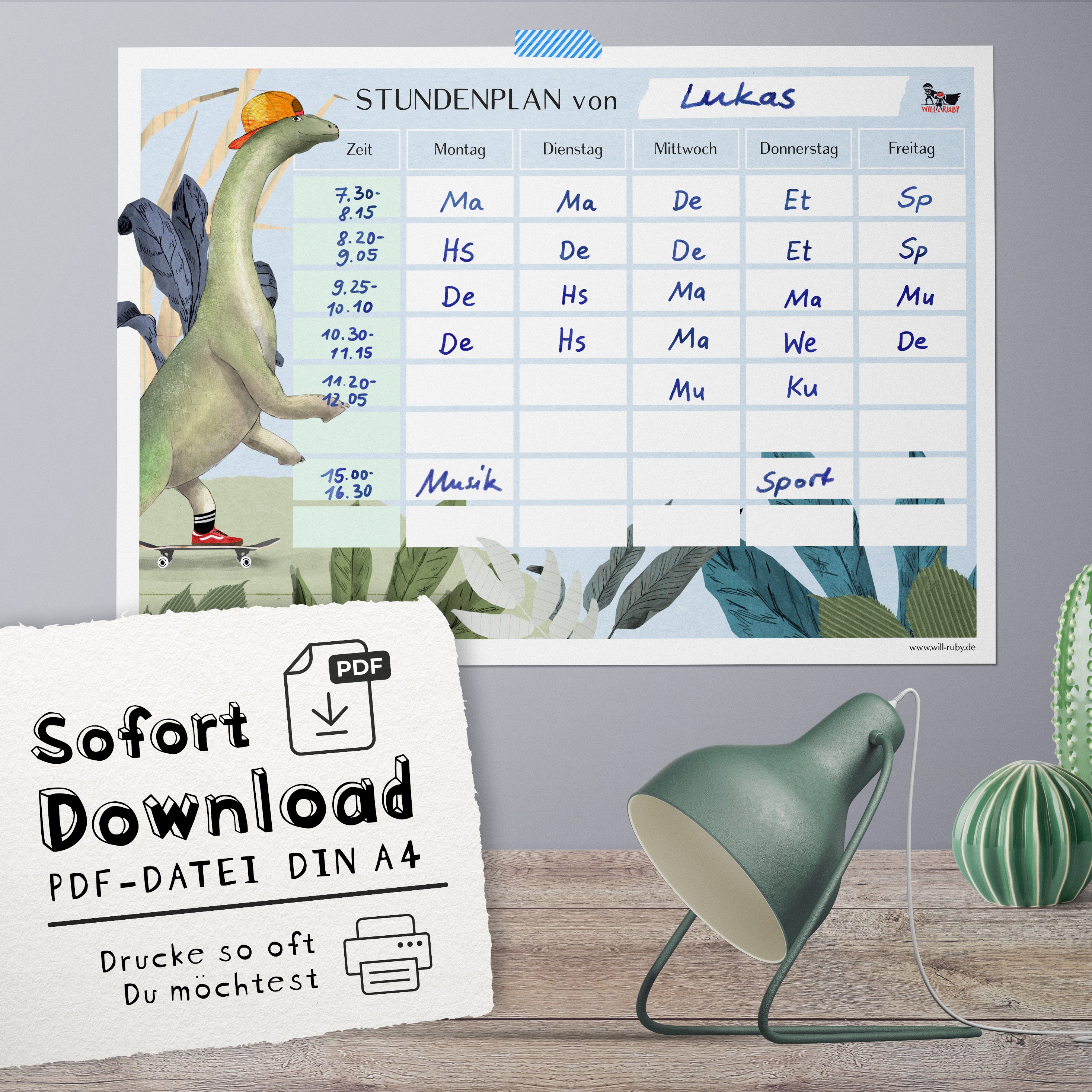 Stundenplan PDF Dino – sofort als Download verfügbar, beliebig oft druckbar, handgemalte Illustration