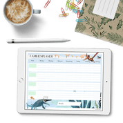 Familienplaner Dino PDF – Wochenplaner zum Ausdrucken im A4-Querformat, handgemalte Dino-Illustration