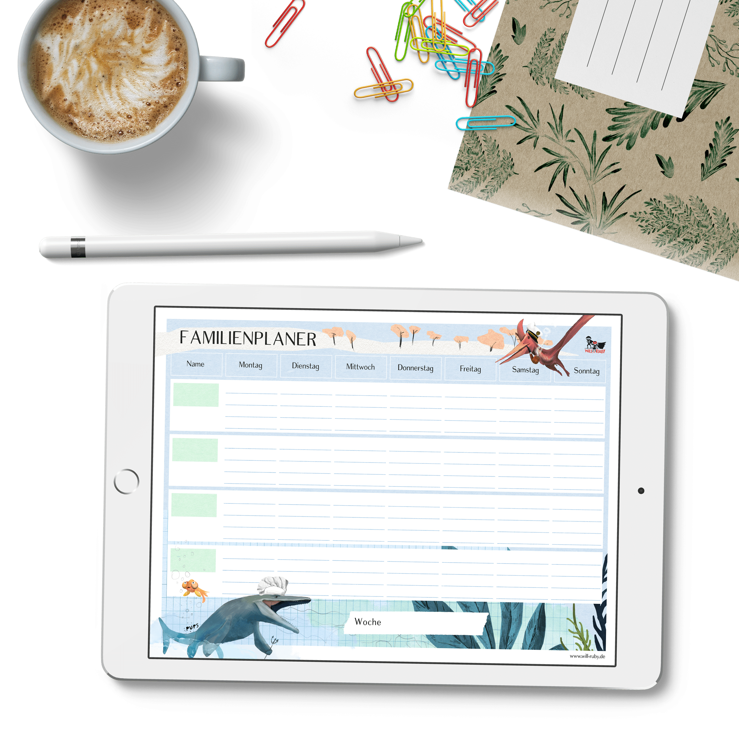 Familienplaner Dino PDF – Wochenplaner zum Ausdrucken im A4-Querformat, handgemalte Dino-Illustration