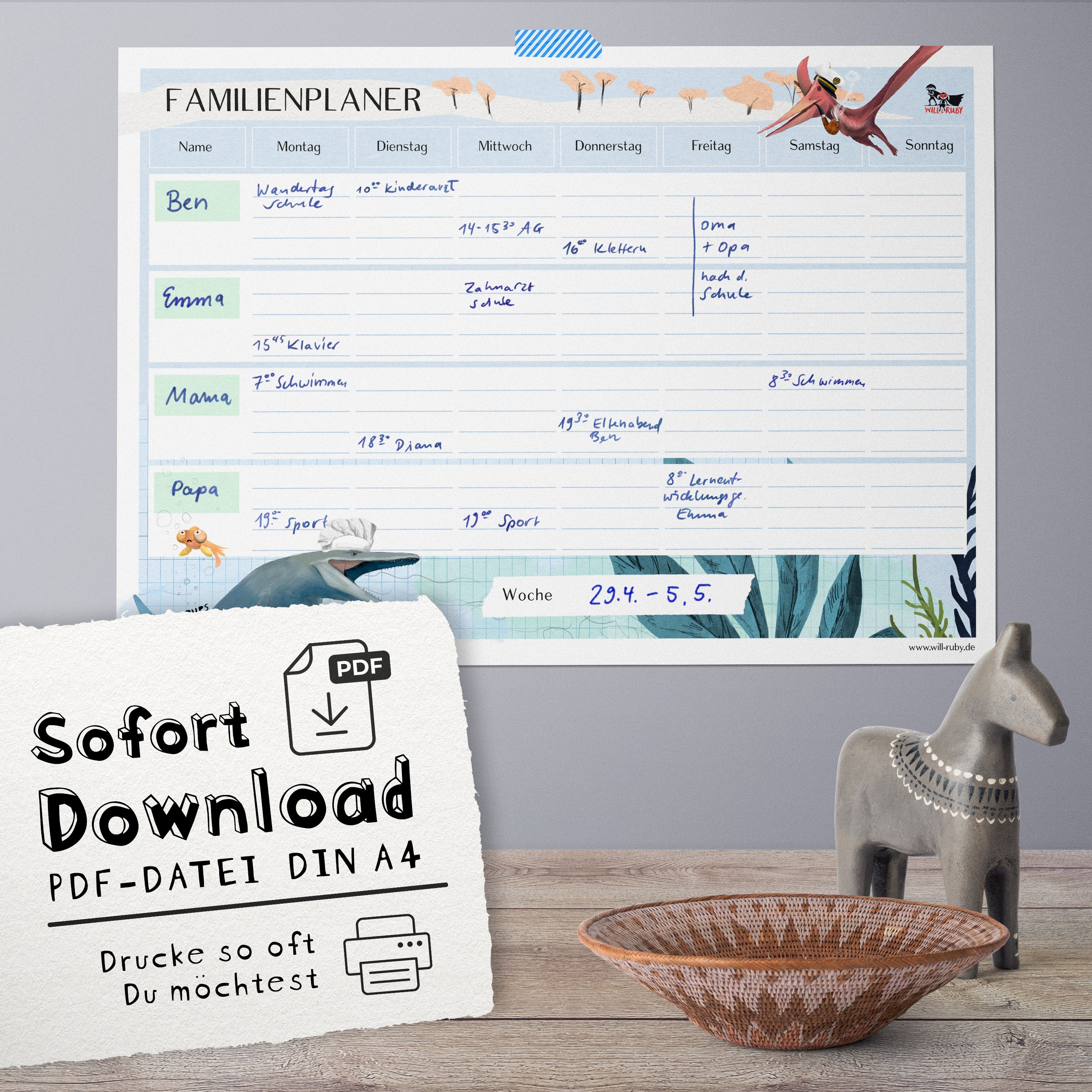 Familienplaner Dino zum Ausdrucken – Wochenplan für die ganze Familie, sieben Wochentage, handgemalt