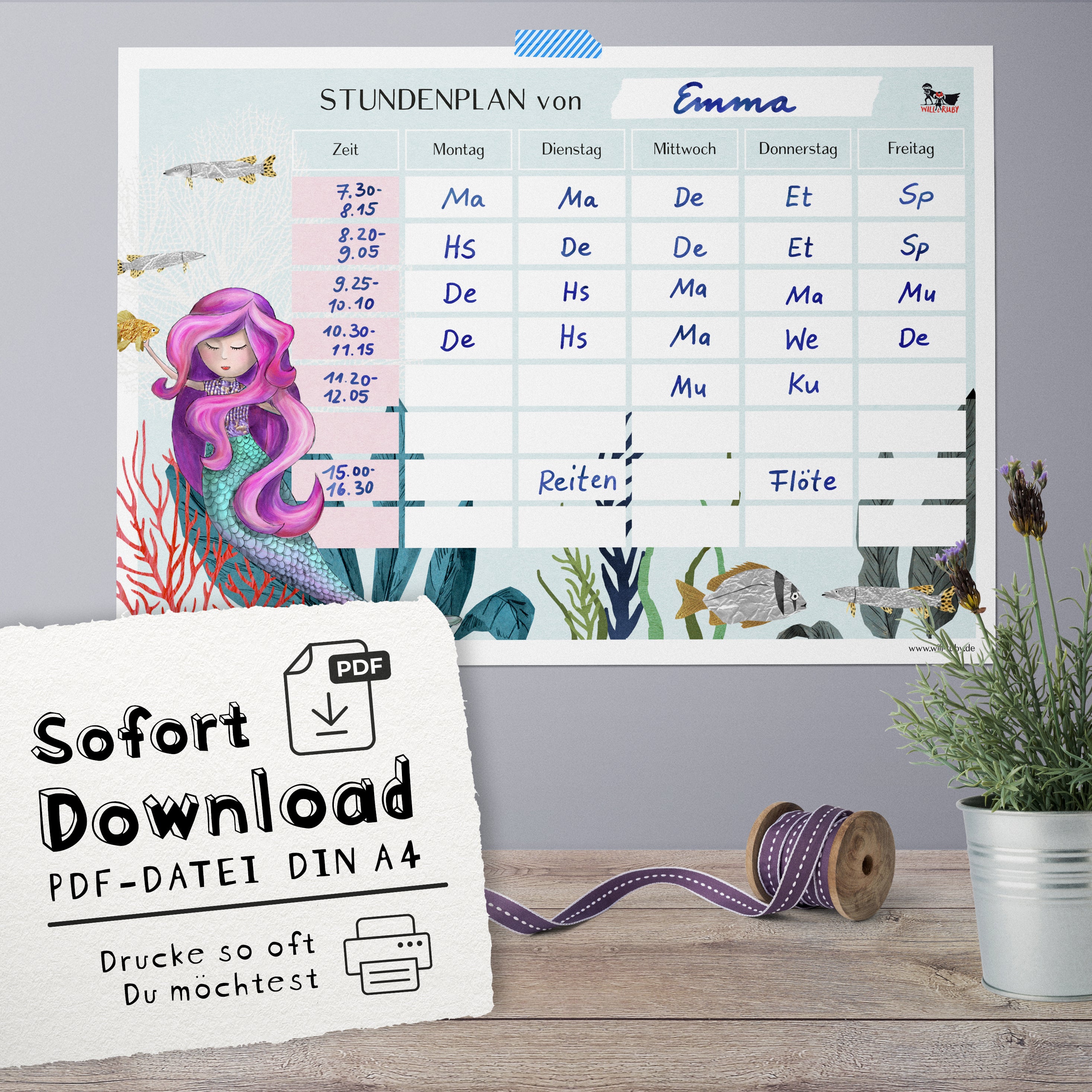 Stundenplan PDF Meerjungfrau – sofort als Download verfügbar, beliebig oft druckbar, handgemalte Illustration