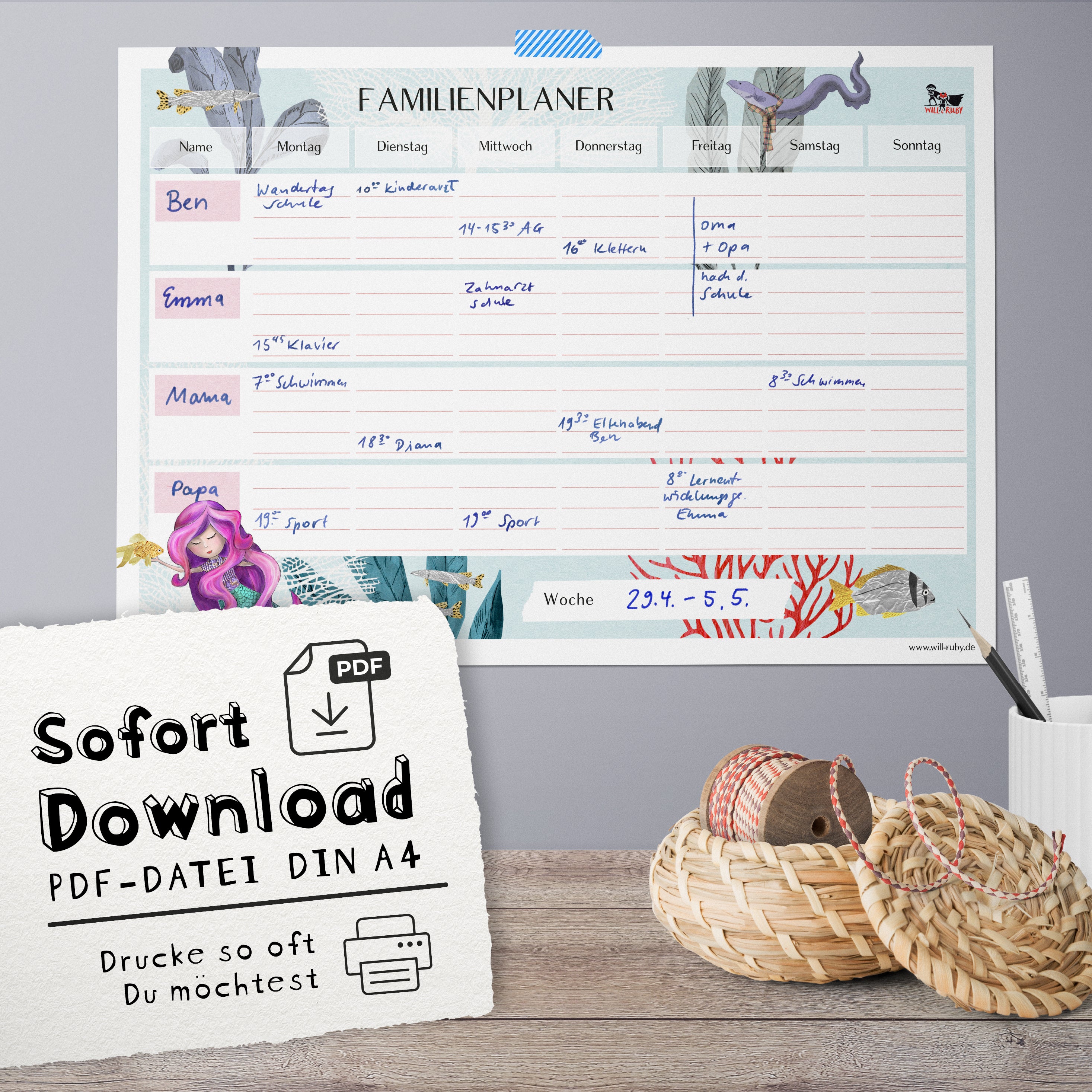 Familienplaner Meerjungfrau zum Ausdrucken – Wochenplan für die ganze Familie, sieben Wochentage, handgemalt