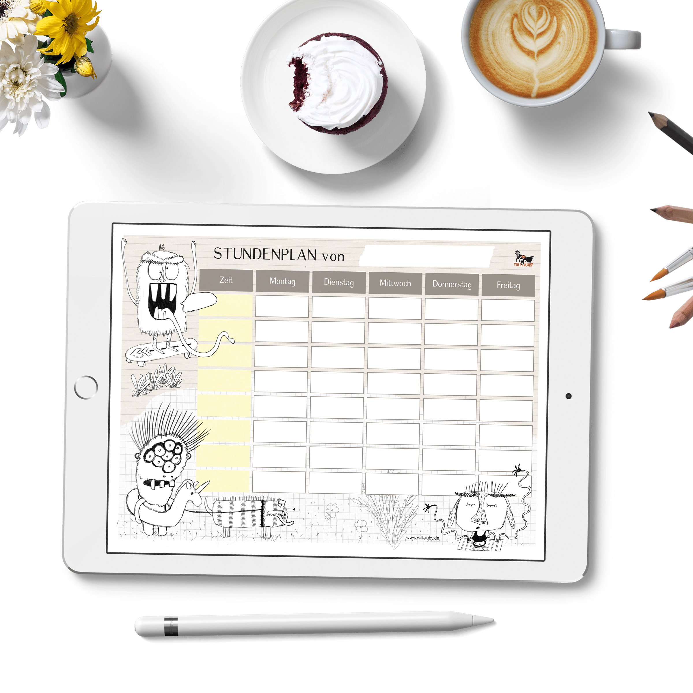 Stundenplan Monster zum Ausdrucken – PDF im A4-Querformat, handgemalte Monster zum Ausmalen